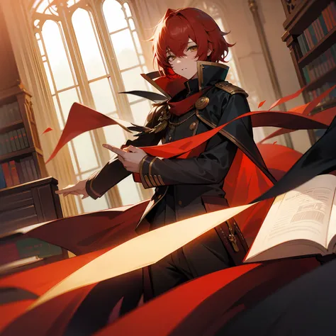 young boy, red hair, akechi face, yellow eyes, in a library, fantasy libraey, final fantasy type-0, zero class outfit, black uni...