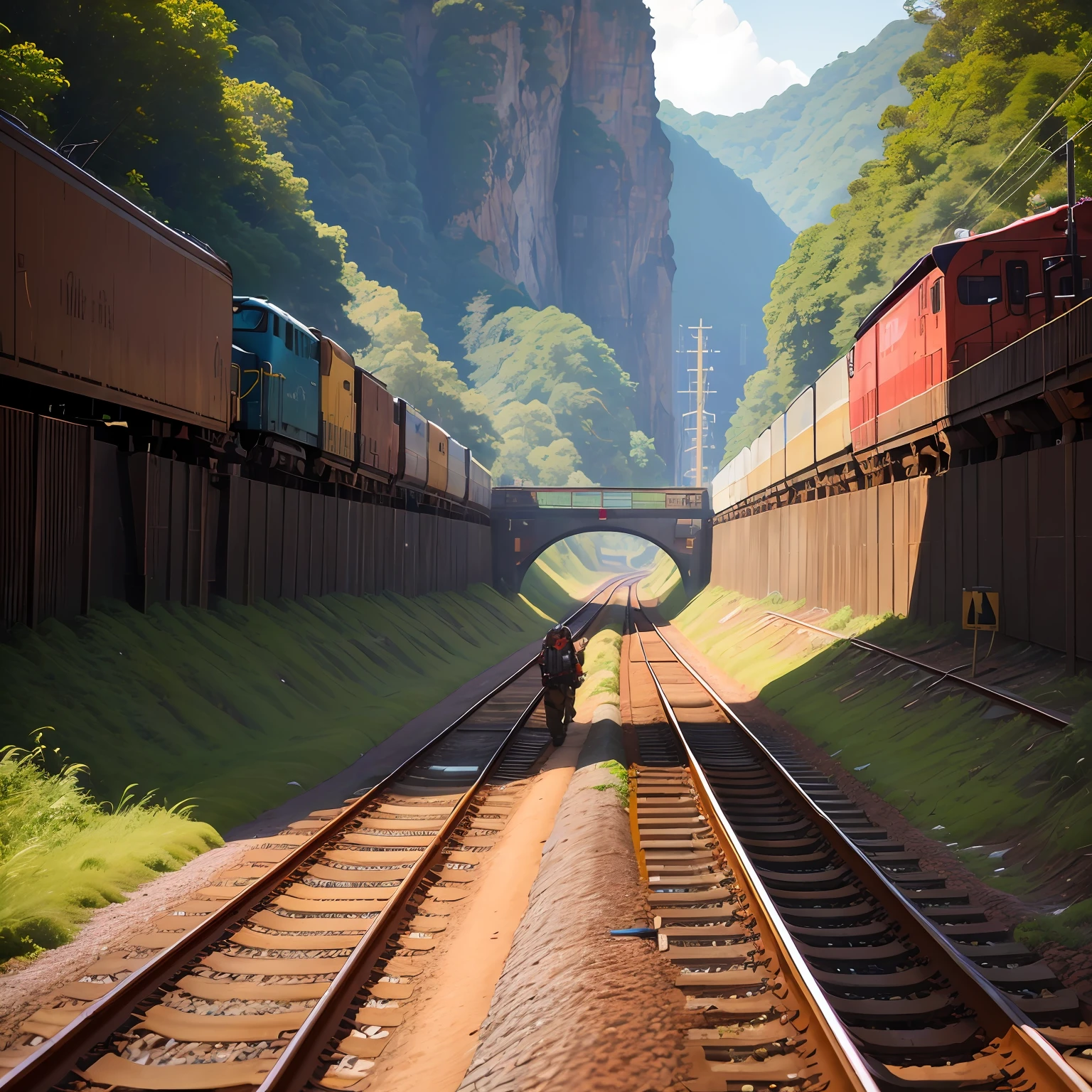 There's a man driving a jeep on a train track, em um trilho de trem da floresta da selva, um retrato, olhando para frente, ( ( illustration, taken in the early 2020s, Nos bastidores, rail tracks lead from the mine, biomechanical railroad, eye - level view, levemente liso, photo shoot, action scene from the film