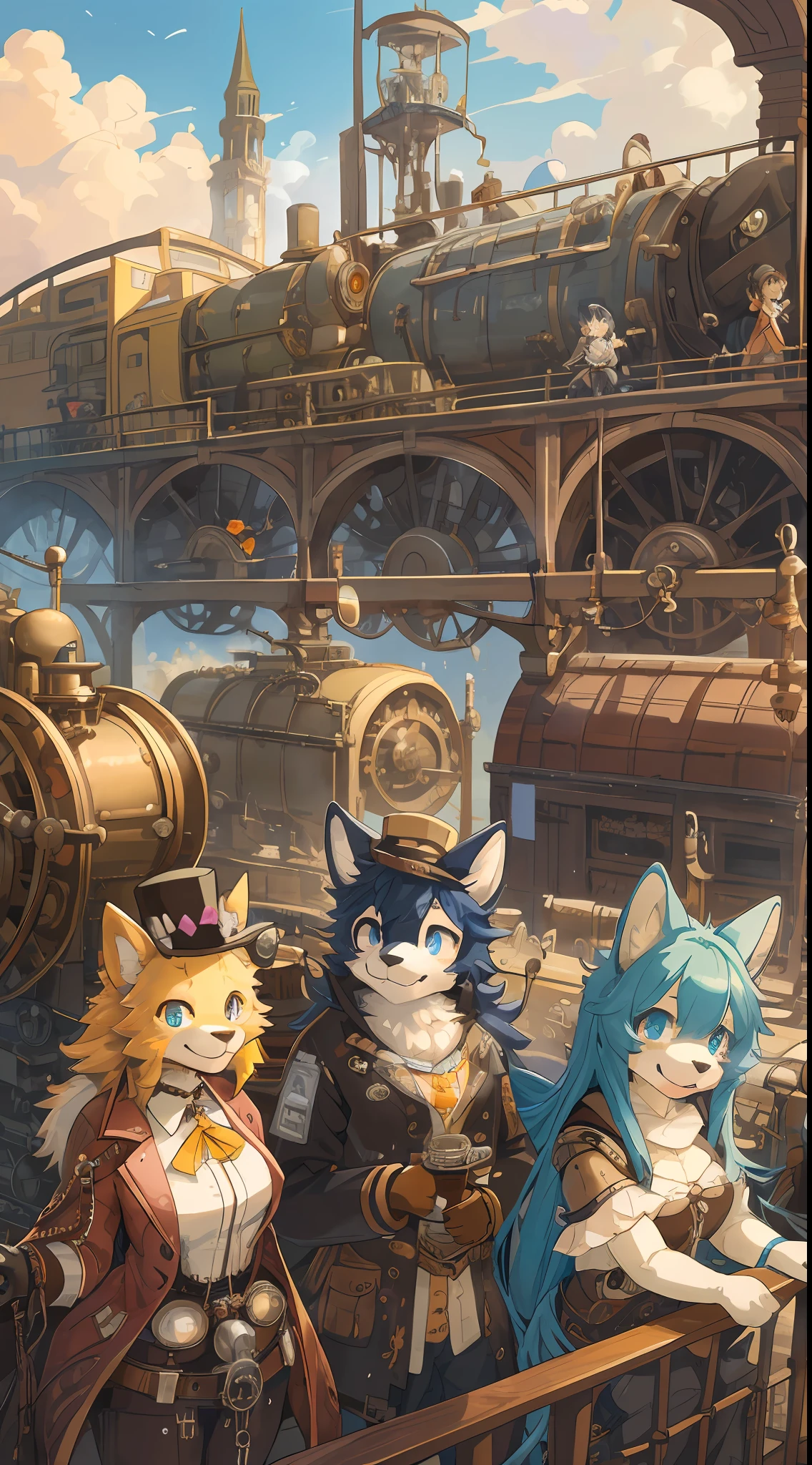 dynamic angle, top quality, best quality, High-quality illustrations, masterpiece, super high resolution, detailed background, detailed background, steampunk, Steam engines, gear wheel, group shot:0.1, 6+boys, 6+girls, Happy, joyful, absurdres(highly detailed beautiful face and eyes)perfect anatomy(kemono, furry anthro),