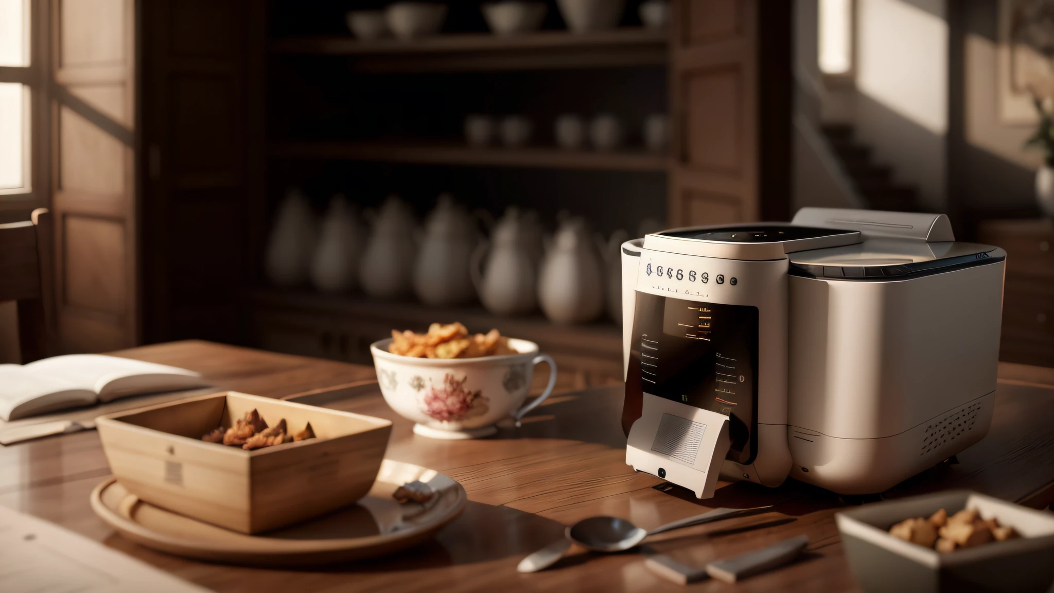 Air fryer placed on the table，Interior design of modern style, Realistic, Photorealistic, 8K, strong light on meeting table，Chiaroscuro, hyper HD, Best picture quality ,realisticlying，Foto realism，cupboard，Lens perspective blur，Bright lights，Realistic lighting