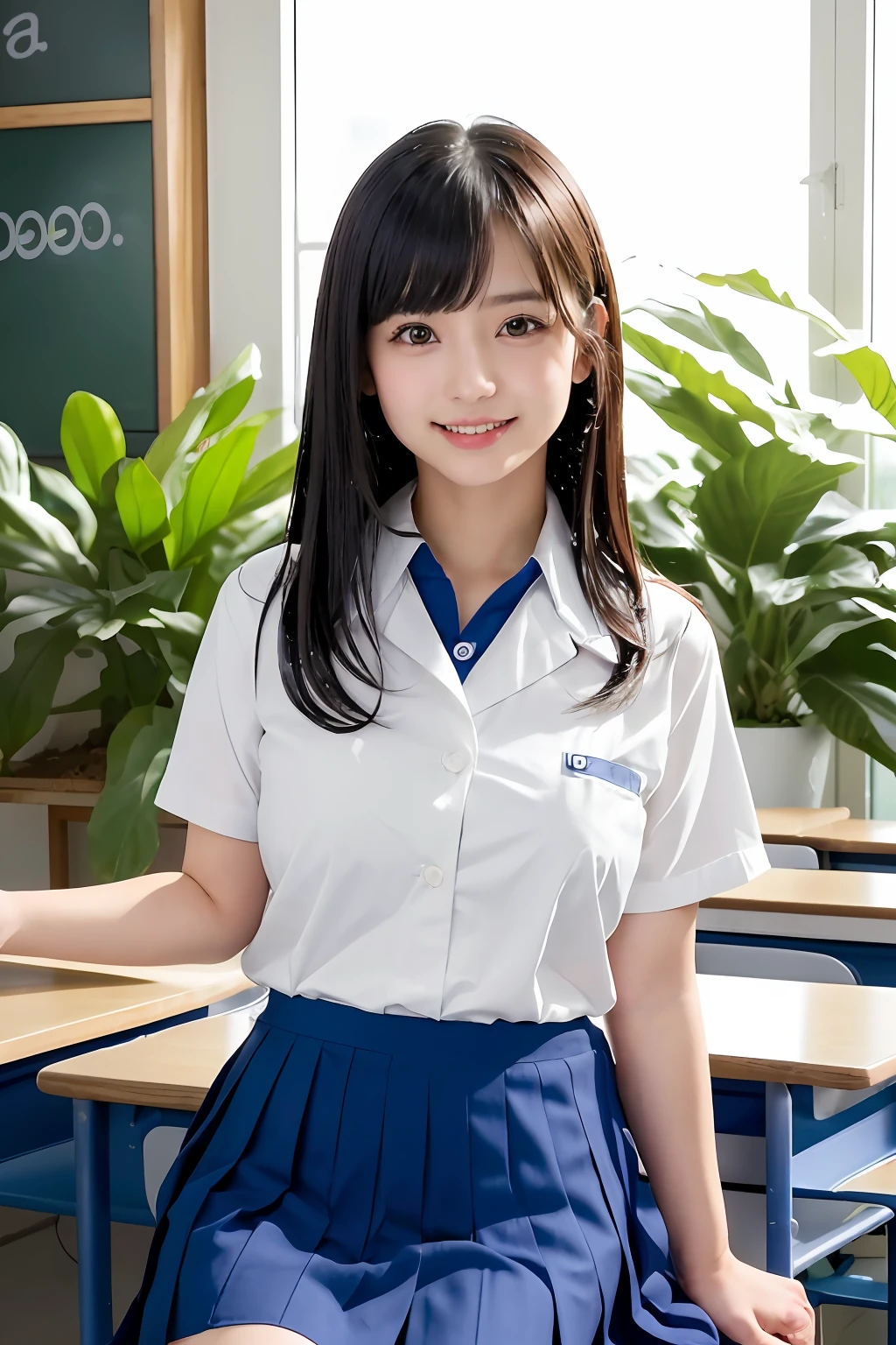 top-quality、超A high resolution、(1 girl in:1.4)、独奏、(The upper part of the body:1.2)、(Photorealsitic:1.4)、(Cute  Girl:1.2)、Colossal tits、length hair、partedbangs、Air bangs、red-lips、light_Smile、(Shot hair)、wet​、Messy_blue髪、Protruding out、(校服:1.4)、White shirt with blue collar、Blue shorts、(Look at viewers:1.4)、(Uniform skirts:1.4)、(Department of Science:1.4), (‎Classroom:1.4), (Rows of plants:1.4), (bra very:1.4), green leafs, rays of sunshine, (pantiy:1.2), Picking,(pureerosface_v1:0.5)、乃木坂アイドル、韓国アイドル、女優