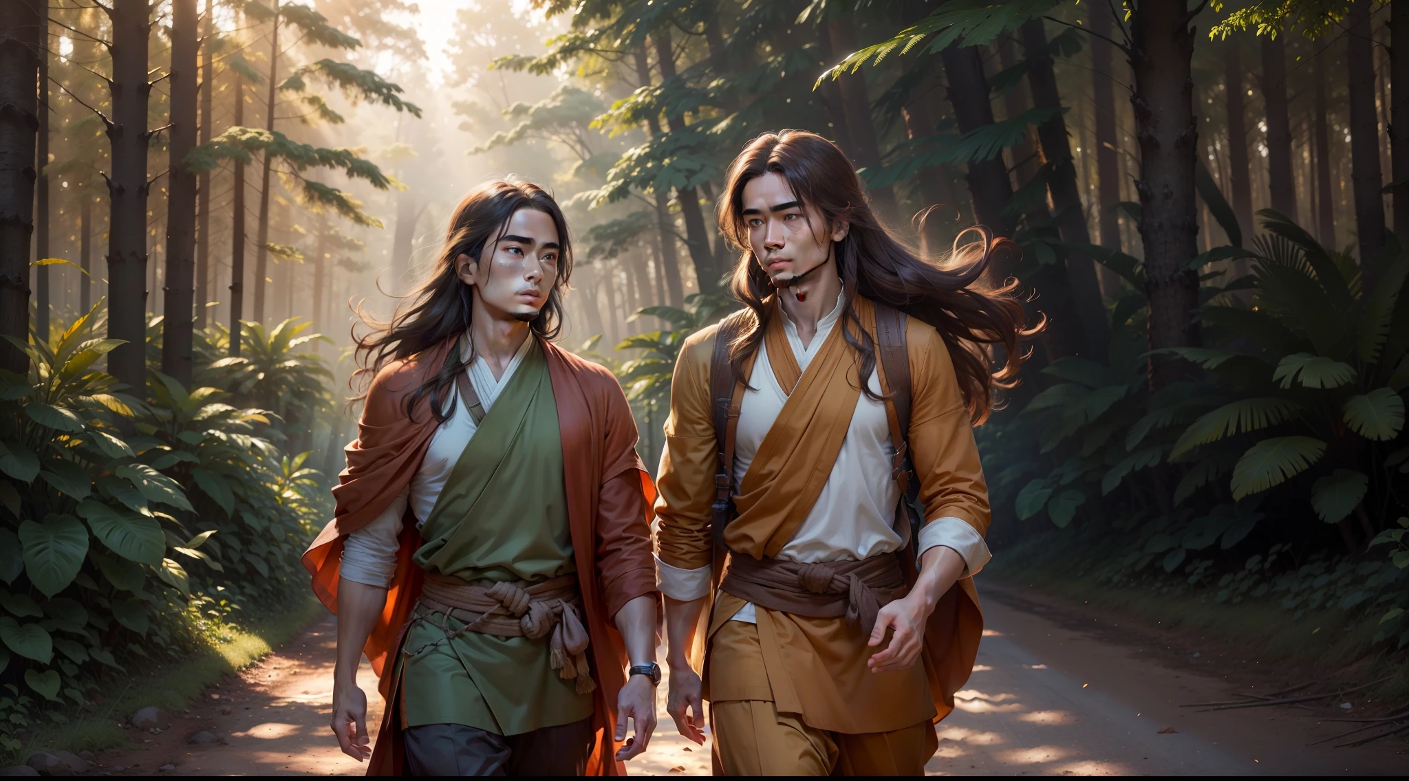 drawing, ultra realistic, 8k, extremely detailed, high quality, natural light image, daylight, sunlight floor light, ultra realistic image, realistic texture, extremely detailed, realistic texture, high quality, 2 Asian men 20s, long brown hair floating in the wind, wearing orange and green tunics Tibetan monk style, walking on the coast, side by side, on a dirt road, in the surroundings beautiful colorful forest, at sunset, ultra realistic photo, perfect face details, good texture of skin, perfect shadows and light, sunbeam penetrating the forest