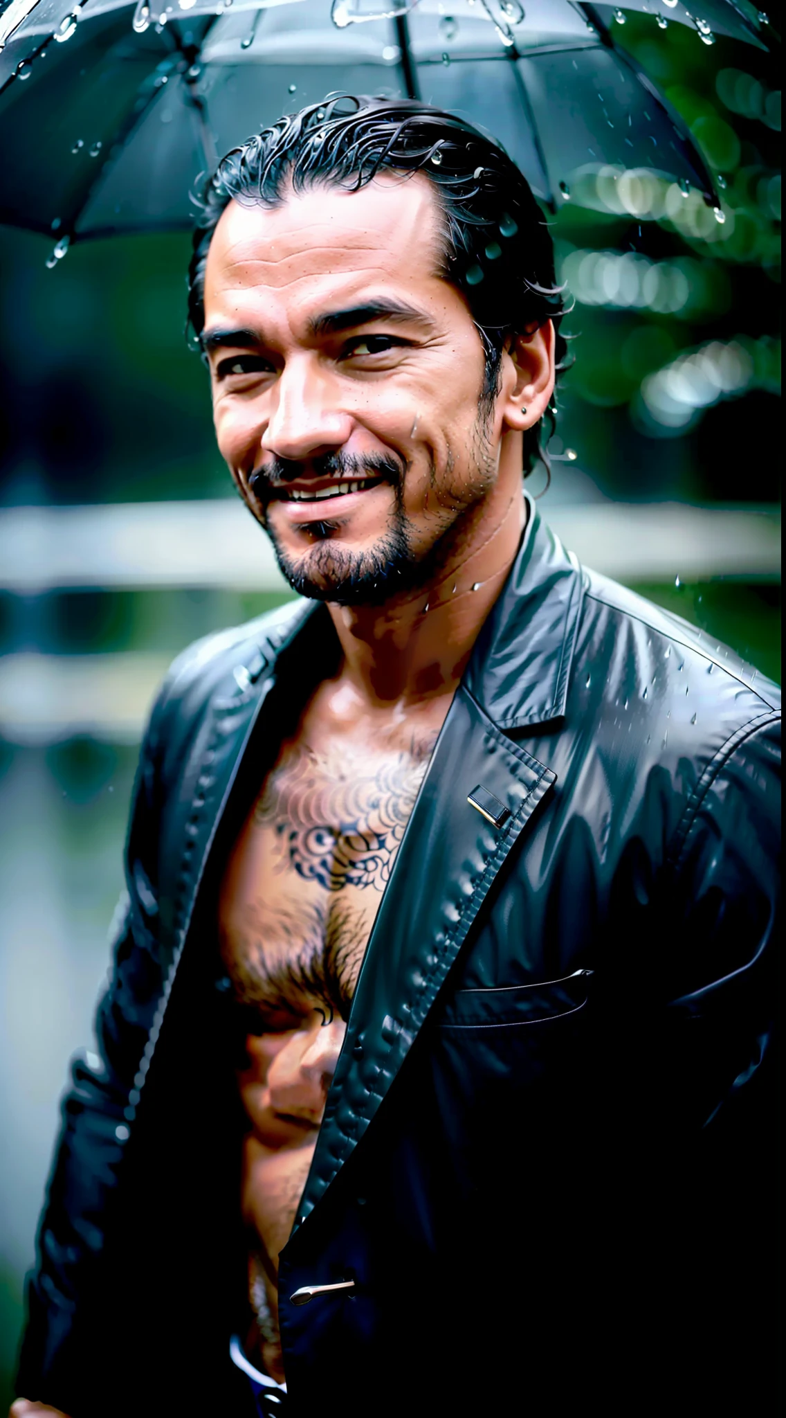foto colorida de um homem sorrindo com gotas de chuva caindo em seu rosto, ele fica alto com os ombros retos, um homem que enfrentou muitas tempestades, Rain falls from a dark sky, cada gota uma pequena sinfonia em seu rosto, His smile is wide, a joy that cannot be contained, Mesmo sob a enchente, Rain is everywhere, a presence that surrounds him, But he's in his own world, The raindrops on his face are illuminated by the diffuse light of the overcast sky, criando uma atmosfera surreal ao seu redor, The world around you is a blur, perdido na neblina e chuva, mas ele se destaca, A beacon of hope and happiness, The atmosphere is one of contentment and peace, um momento congelado no tempo, the camera used is a vintage Leica M3, carregada com filme Kodak Tri-X 400, e uma lente 50mm Summicron, The photographer used a slow shutter speed to capture the movement of raindrops on the man's face, Creating an ethereal quality in the image, Diretores: Anderson Wes, Quentin Tarantino, Cineastas: Emmanuel Lubezki, Roger Deakins, photographers: Aninha Leibovitz, Sebastian Salgado, estilistas: Alexandre McQueen, Yohji Yamamoto. —c 10 —ar 2:3