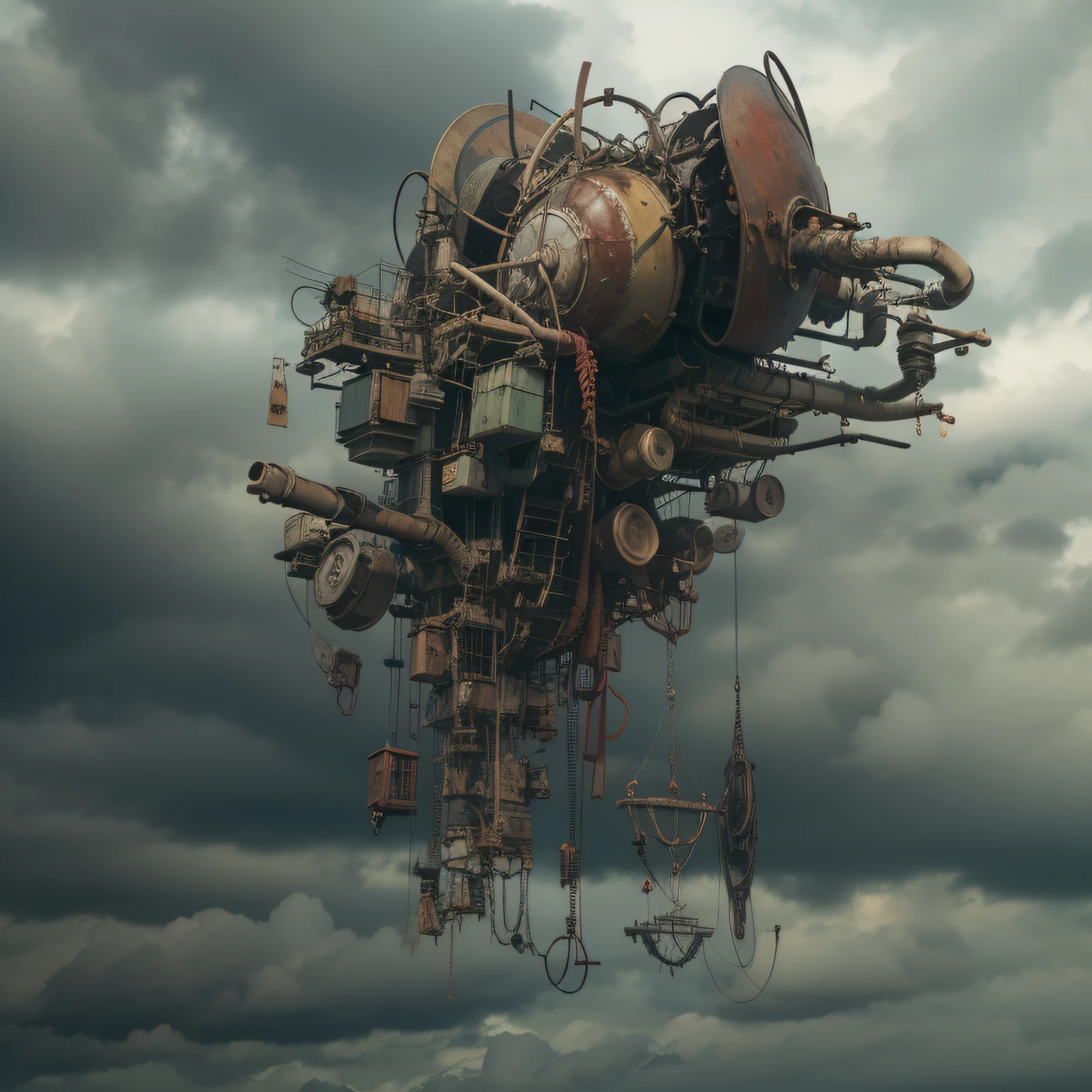 a heavily distorted, fading late morning heavily overcast sky, a singular object comprised of contorted feathers/machinery/pipes/rusted components is floating in the air, extra detail, 4kHD details, best resolution, surrealistic composition, extreme camera angle, motion blur, depth of field, foreshortening, tilted camera angle, cinematic lighting, movie scene, precise details, intense details