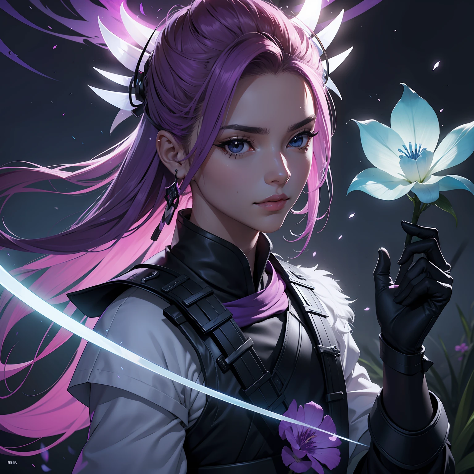Bela, obra prima, extremamente detalhado, melhor qualidade, best ilumination, melhor sombra, suor, floresta, samurai outfit, petalas