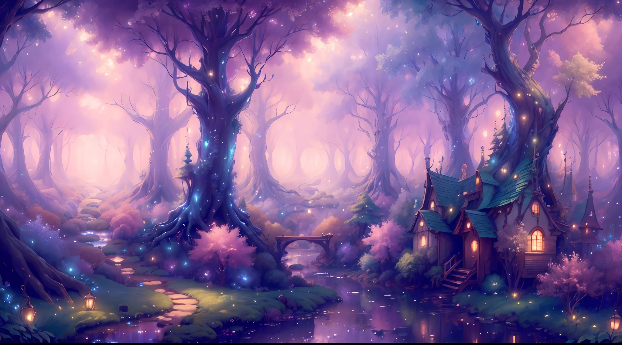 FairyTaleAI  masterpiece, trending, 8K  a magical forest filled with towering trees and sparkling stream