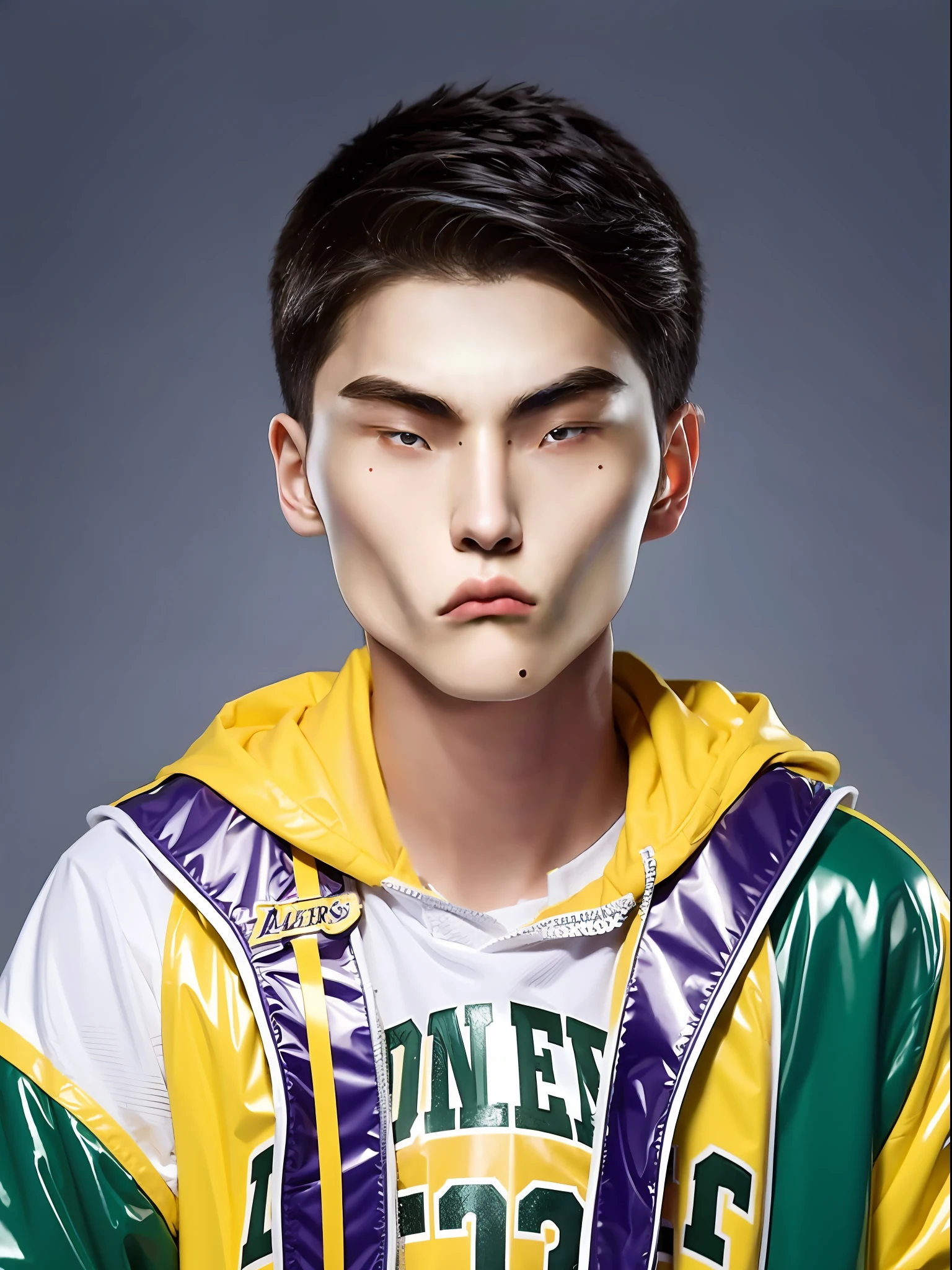 16-year-old male high school student,Wearing a PVC Lakers yellow basketball suit,Green in the middle