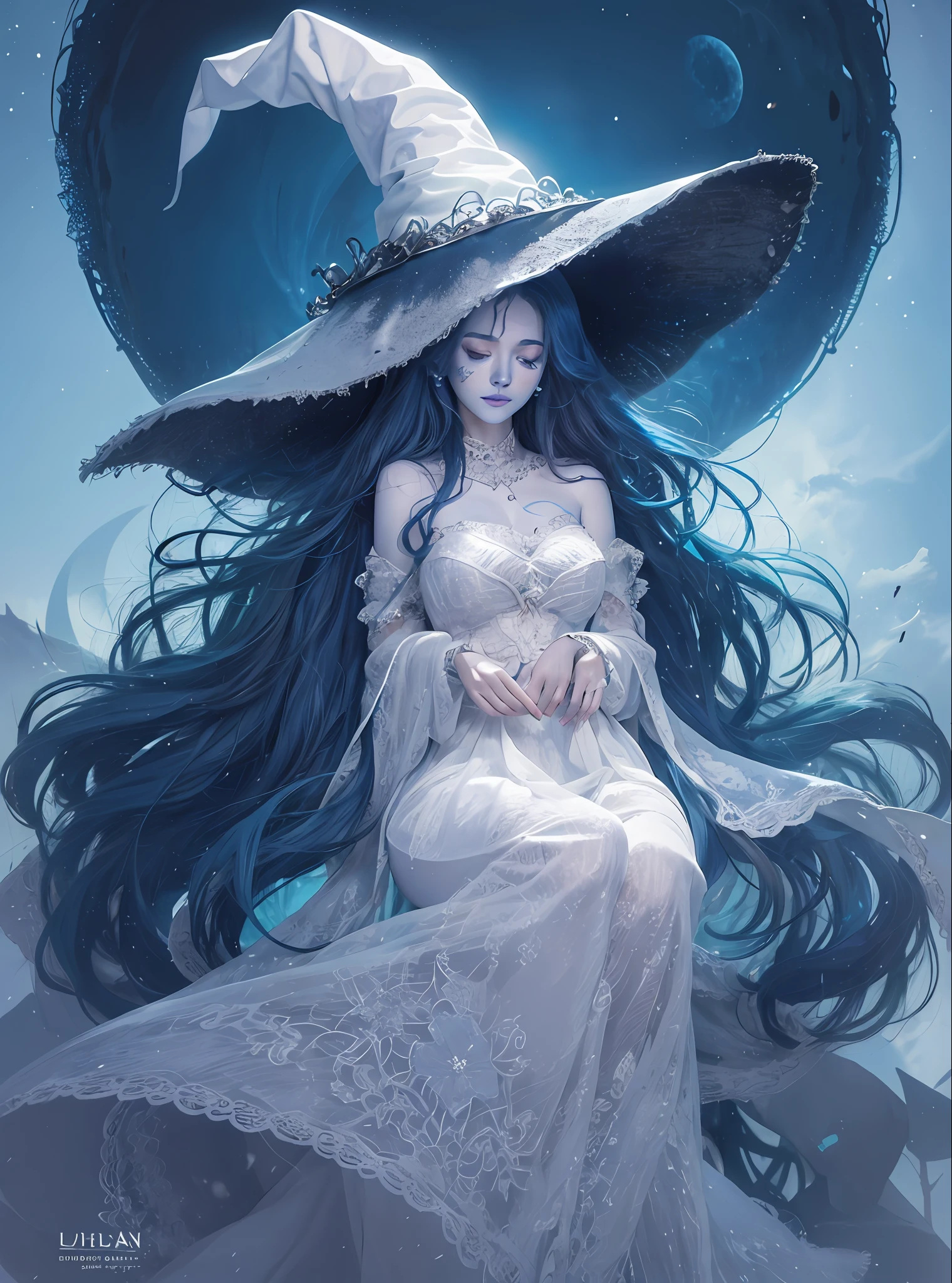 masterpiece, detailed, high quality, absurdres, ranni, 1girl, solo, cracked skin, doll joints, extra arms, one eye closed, blush, medium breasts, curvy, witch hat, white headwear, fur cloak, white dress, ring, cowboy shot, intricate details , moon , sitting in the moon , 1girl, (((Ranni))), (((elden ring))), (((Blue skin))), blue face, four arms, dark blue hair, long hair, wavy hair, dark blue eyes, one closed eye, witch hat, big hat, white hat, white dress, long dress, long sleeves, angelic aura, magical aura