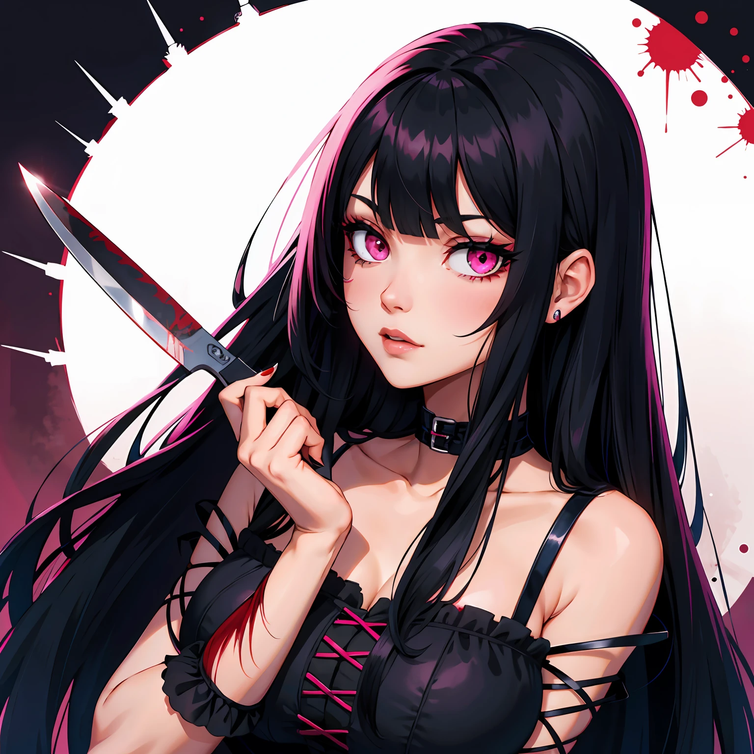 Pyscho Girl long black hair with pink bangs gothic eyes knife blood