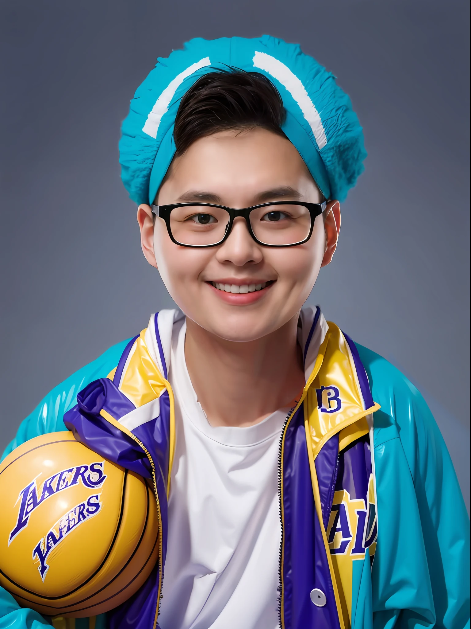 16-year-old male high school student,Wearing a PVC Lakers yellow basketball suit,Cyan mid-headed