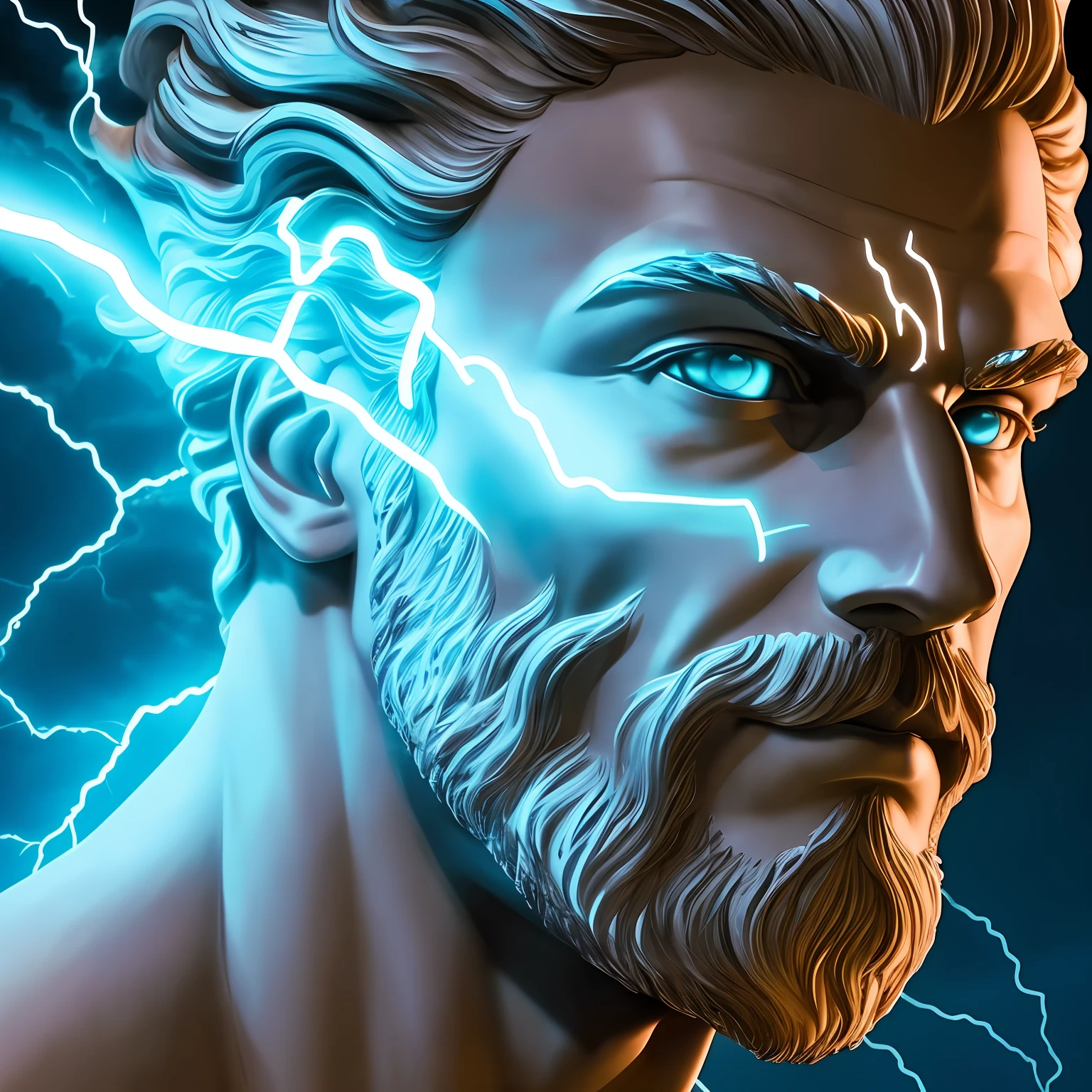 (neon lightning around the head:1.1), monumento, (head close-up), epic scene of zeus, lightning, foco nítido, fantasia, arte conceitual, dynamic lighting, Epic composition, estilo Michelangelo --auto