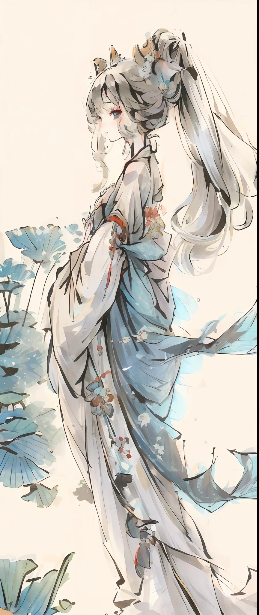 ((4k,masterpiece,best quality)), shuimobysim, Chinese painting, lotus, hanfu, maxiskit, dressed conservative 1 girl, solo, white hair, long hair, fox ears, white, bikini, fish, many fish close to the girl, looking at the audience, teasing