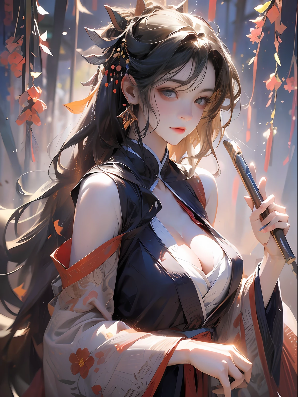 Best quality,Masterpiece,A high resolution,8K,超A high resolution,RAW photo,An extremely delicate and beautiful,Extremely detailed Cg Unity 8K wallpapers,A hyper realistic phot,Huge_filesize,(Realistic, photo-realistic:1.57),(8K, RAW photo, Best quality, Masterpiece:1.2),(Ultra-detailed:1.4),detailed beautiful skin,Detailed skin texture,Pale skin,glistning skin,Perfect skin,Cinematic lenses,Detailed light,Cinematic lighting,Lens flare,,Portrait of a girl, (face:1.2), Floating hair, Wind, Clouds, Sunshine, Movie light, bangs, facial closeups, Sky background, Oil painting texture, Clear hair, Light hair, Flowers, Girls, ssmile, Bright eyes, single line shoulder, 鎖骨, shirt, Autumn, bare shoulders​, Bare tree, Black hair, branch, cherry blossom, cleavage,Coat, (Robe:1.21), 鎖骨, Earrings, Gray background, Hair accessories, Hanfu, holding a pipe, jewelry, Lips, Long hair, Medium breasts, Sitting, Solo, nipple tassels, tree, Wide sleeves, see through clothes, Translucent clothes, Silk, Shuke walking horse, Negative space, Ink painting, standing woman portrait, Willow Branch, (masterpiece best quality :1.2), Traditional Chinese Ink Painting, Model shooting style, peace, Looking at the audience, wearing long hanfu, Song, Willow as background, Ochangshuo, shirt, NSFW whole body, head to toe, Natural body, Girly feeling, Flying hair