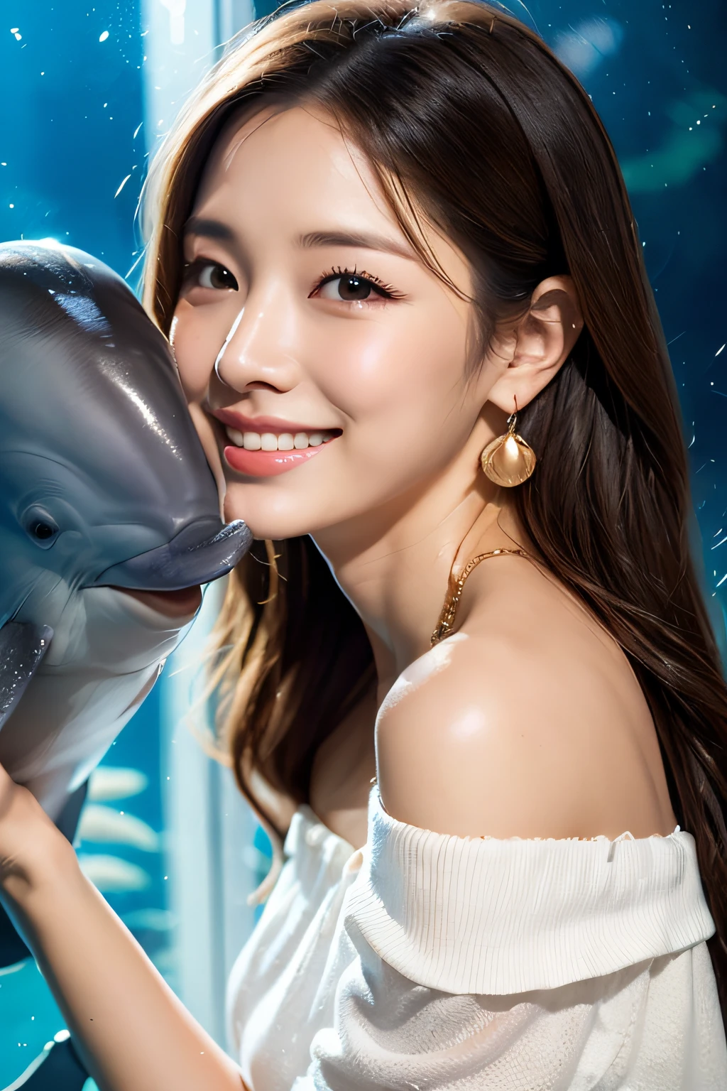 (masterpiece:1.3), high resolution, ultra detailed, extremely detailed CG unity 8k wallpaper, realistic, photo-realistic, RAW photo, beautiful detailed face, pale skin, realistic glistening skin, detailed cloth texture, detailed hair texture, Perfect Style, Beautiful Face, accurate, Anatomically correct, Highly detailed face and skin texture, natural neck length, (thin and beautiful fingers),
BREAK,
Detailed eyes, symmetric eyes, Brown eyes, Double eyelids, Thin eyebrows, (Glossy lips:1.4), (shamed smile:1.2), (closed mouth:1.2), (blush:1.1),
BREAK,
((Innocent and Cute girl:1.3)), ((wearing a off-shoulder White blouse:1.4)), (beautiful clavicle), (Gold belt), (denim skinny pants:1.2), (cross strap high heels:1.2),
(necklace, bracelet:1.1), ((clutch bag over shoulder, shiny earrings, pinky ring:1.2)), (beautiful blue nails:1.1)
BREAK,
Layered Hairstyle, (brown hair:1.2), (wavy hair:1.2), medium long hair,
(large breasts, firm breast, nicely shaped breasts:1.1),
BREAK,
((touching the dolphin at the aquarium:1.2)), (inside the dolphin show venue), (looking sideway:1.2),
BREAK,
((Cowboy shot:1.2)), (Focus on her profile:1.2), (from side:1.1),