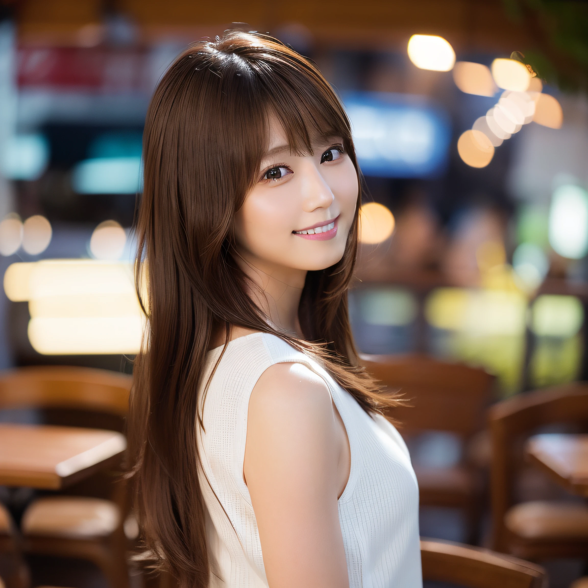 8K,Best Quality, 超A high resolution, (Photorealistic:1.4), Raw photo, (upper thigh, From Side:1.1), (Bokeh:1.4), (in a suite:1.４),Waterside Cafe, 1日本人の女の子, Cute, (Solo:1.6), (Shy smile), (Dark brown eyes), Smooth skin, (Brown medium hair,Bangs), (touch hair:1.4),nogizaka,a park,Fashionable clothes、Standing、Beautiful fingers