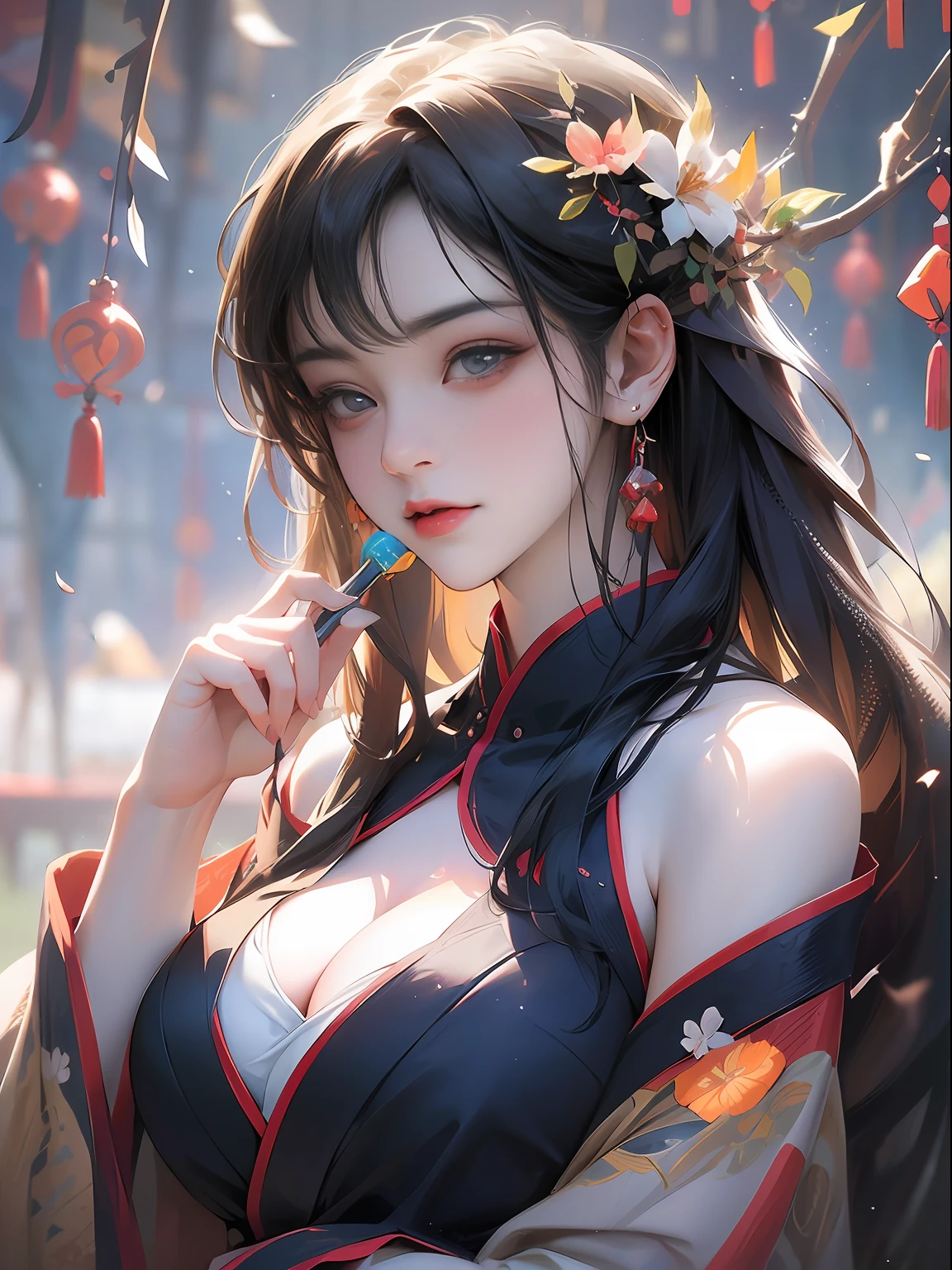 Best quality,Masterpiece,A high resolution,8K,超A high resolution,RAW photo,An extremely delicate and beautiful,Extremely detailed Cg Unity 8K wallpapers,A hyper realistic phot,Huge_filesize,(Realistic, photo-realistic:1.57),(8K, RAW photo, Best quality, Masterpiece:1.2),(Ultra-detailed:1.4),detailed beautiful skin,Detailed skin texture,Pale skin,glistning skin,Perfect skin,Cinematic lenses,Detailed light,Cinematic lighting,Lens flare,,Portrait of a girl, (face:1.2), Floating hair, Wind, Clouds, Sunshine, Movie light, bangs, facial closeups, Sky background, Oil painting texture, Clear hair, Light hair, Flowers, Girls, ssmile, Bright eyes, single line shoulder, 鎖骨, shirt, Autumn, bare shoulders, Bare tree, Black hair, branch, cherry blossom, cleavage,Coat, (Robe:1.21), 鎖骨, Earrings, Gray background, Hair accessories, Hanfu, holding a pipe, jewelry, Lips, Long hair, Medium breasts, Sitting, Solo, nipple tassels, tree, Wide sleeves, see through clothes, Translucent clothes, Silk, Shuke walking horse, Negative space, Ink painting, standing woman portrait, Willow Branch, (masterpiece best quality :1.2), Traditional Chinese Ink Painting, Model shooting style, peace, Looking at the audience, wearing long hanfu, Song, Willow as background, Ochangshuo, shirt, NSFW whole body, head to toe, Natural body, Girly feeling, Flying hair