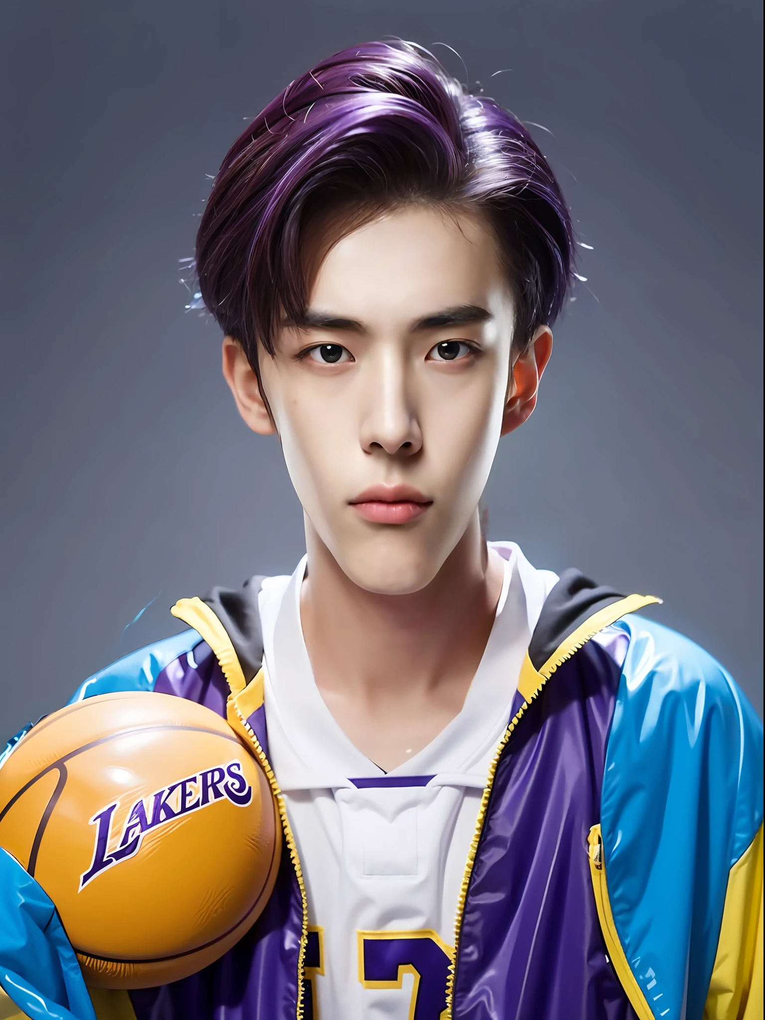 16-year-old male high school student，Wearing a PVC Lakers purple basketball suit，Yellow hair