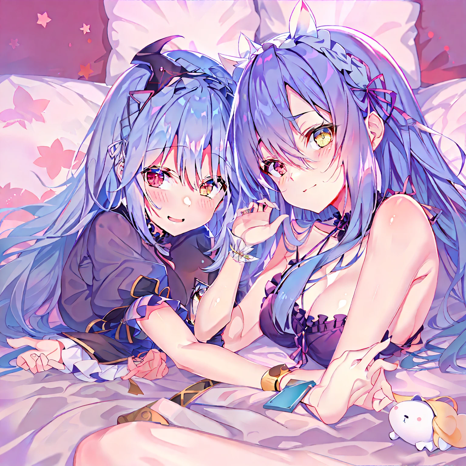Bare breasts, , Long hair, Two-dimensional, gentle, Blushing, witch, Blue hair, Lying on the bed, Cute, , Tsundere