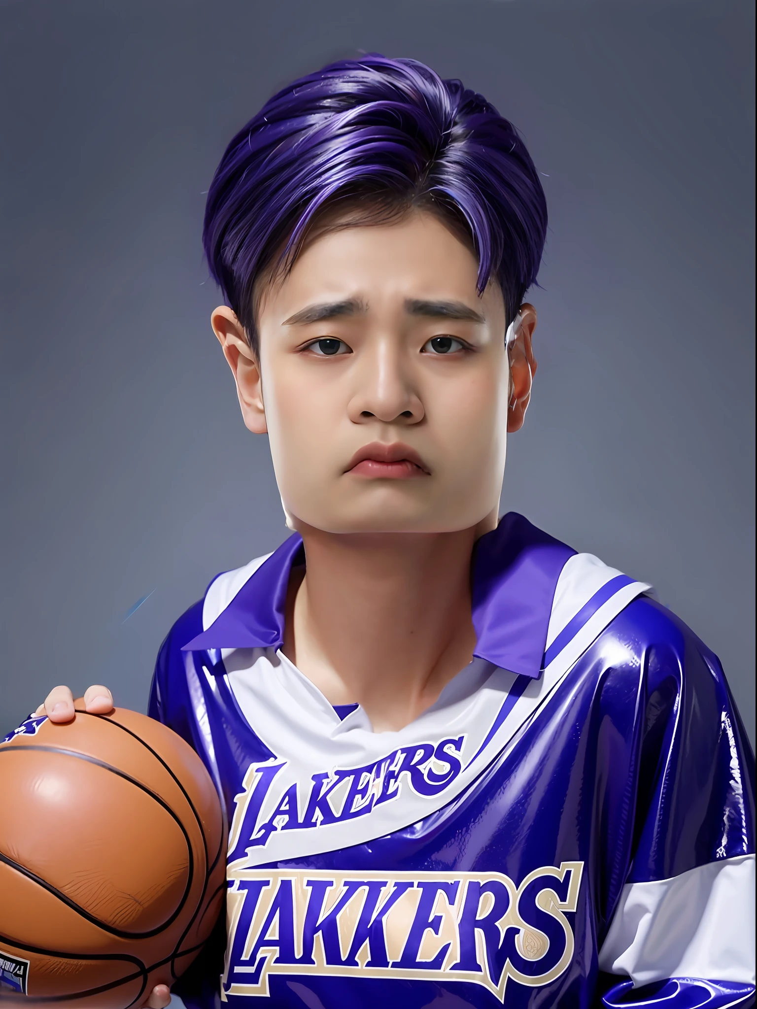 16-year-old male high school student,Wearing PVC Lakers blue basketball uniform,Purple colored hair