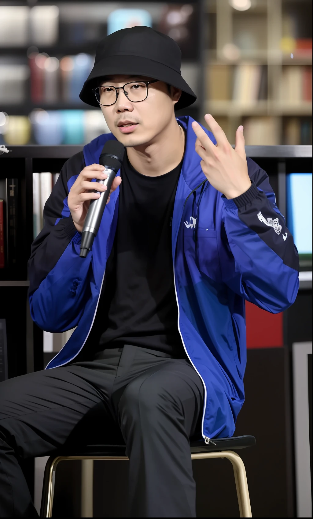 There was a man sitting down with a microphone, yanjun cheng, author li zhang, yangjun chen, kakar cheung, qi sheng luo, wei wang, korean artist, chinese artist, xintong chen, Leng Jun, Li Zixin, peter xiao, jc park, huifeng huang, pan ren wei, steve zheng