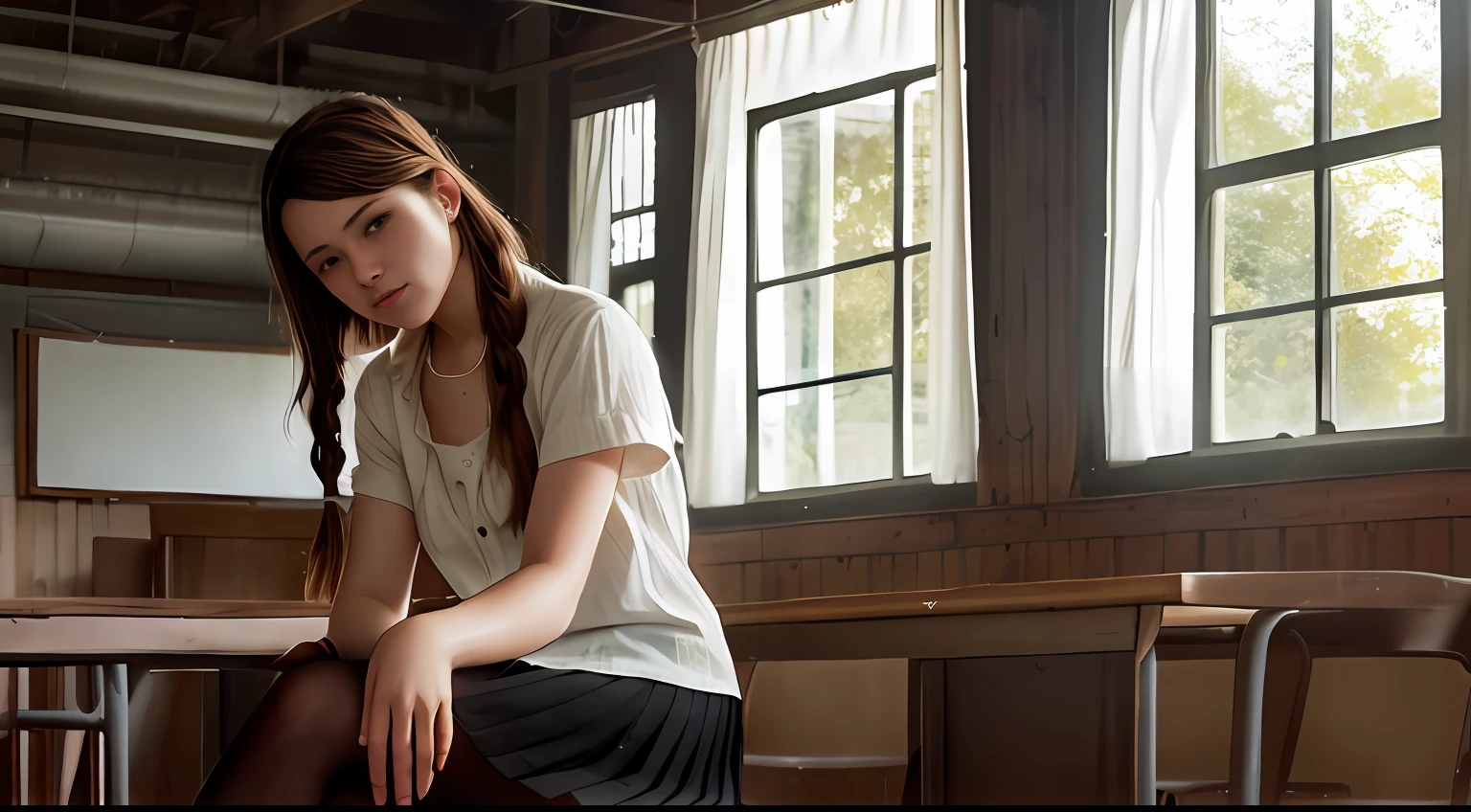 Beautiful young Ellen, cotton shirt, pleated skirt, dark tights, Uwabaki, from The Last of Us part 1, game, hyperrealistic, , model body, small breasts, beautiful breasts, long hair, braided hair, long legs , 8k, detailed scenery, classroom full of students, fire, sunlight sun, ambient lighting