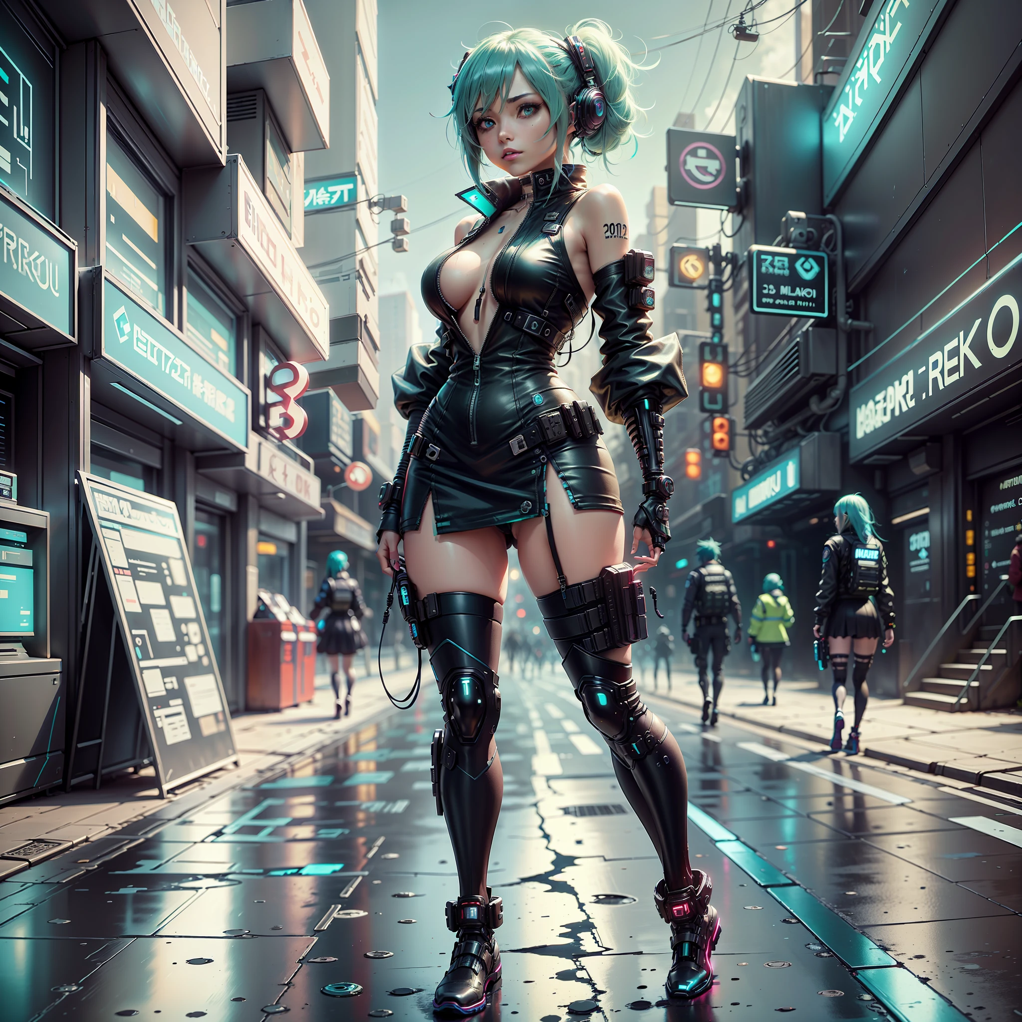 woman in police uniform walking down a street, Hatsune Miku cosplay, female cyberpunk anime girl, cyberpunk anime, cyberpunk anime girl, anime cosplay, cyberpunk girl, anime girl in real life, cyberpunk streets in, cyberpunk style, cyberpunk outfit, has cyberpunk style, oppai cyberpunk, full cosplay