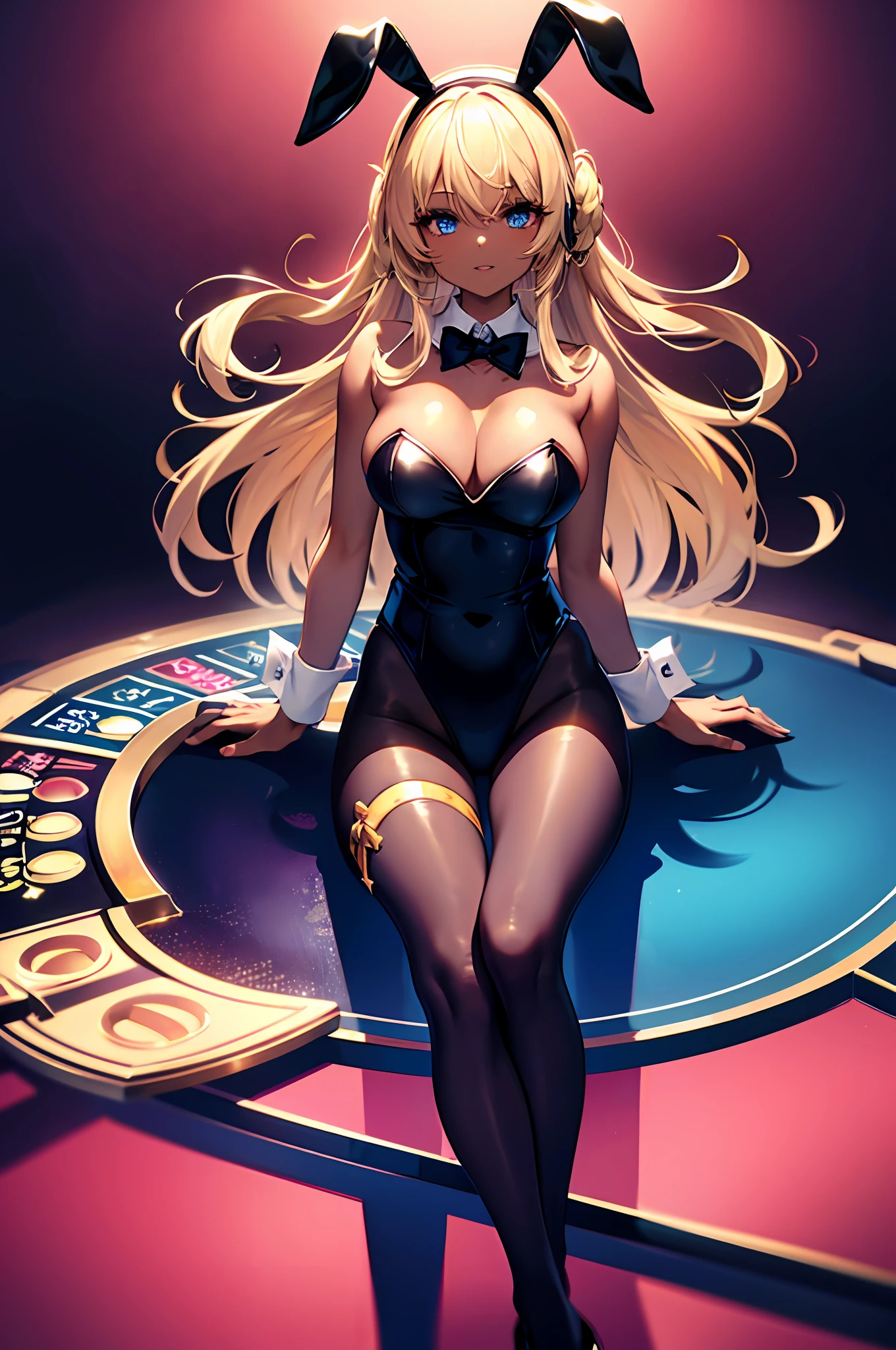 Highest Quality, masterpiece, unbelievably beautiful, very delicate 8k wallpaper, Transcendently Beautiful Girl, (beautifully detailed eyes), gals, (Dark skin:1.1), (long Blonde Hair Pink Gradient Hair), BREAK, Flat_Chest, Huge_breasts, wide_lower back, Open your mouth and laugh smile, long eyelashes, makeup, BREAK, Bunny Girl, Rabbit ear headband, Rabbit tail, Enamel Leotard, wrist_Cuffs, bowtie, Black_pantyhose, high_heels, BREAK, (Five Fingers, 4fingers and 1thumb), (Bare arms, Bare shoulders), Casino, Roulette table, Lots of coins,