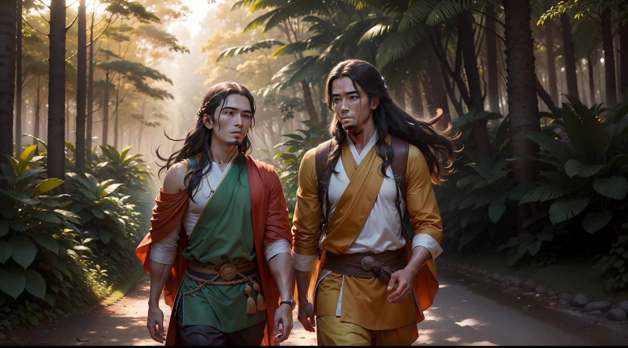 desenho, ultra realistic, 8k, extremamente detalhado, alta qualidade, imagem de luz natural, luz do dia, sunlight from the ground, imagem ultra realista, Realistic texture, extremamente detalhado, Realistic texture, alta qualidade, 2 Asian men 20s, rosto ultarealista detalhado, pele, poros, longos cabelos castanhos flutuando ao vento, wearing orange and green tunics Tibetan monk style, Caminhando no litoral, Lado a lado, em uma estrada de terra, nos arredores bela floresta colorida, at sunset, foto ultra realista, Detalhes perfeitos do rosto, boa textura da pele, sombras e luz perfeitas, Raio de sol penetrando na floresta