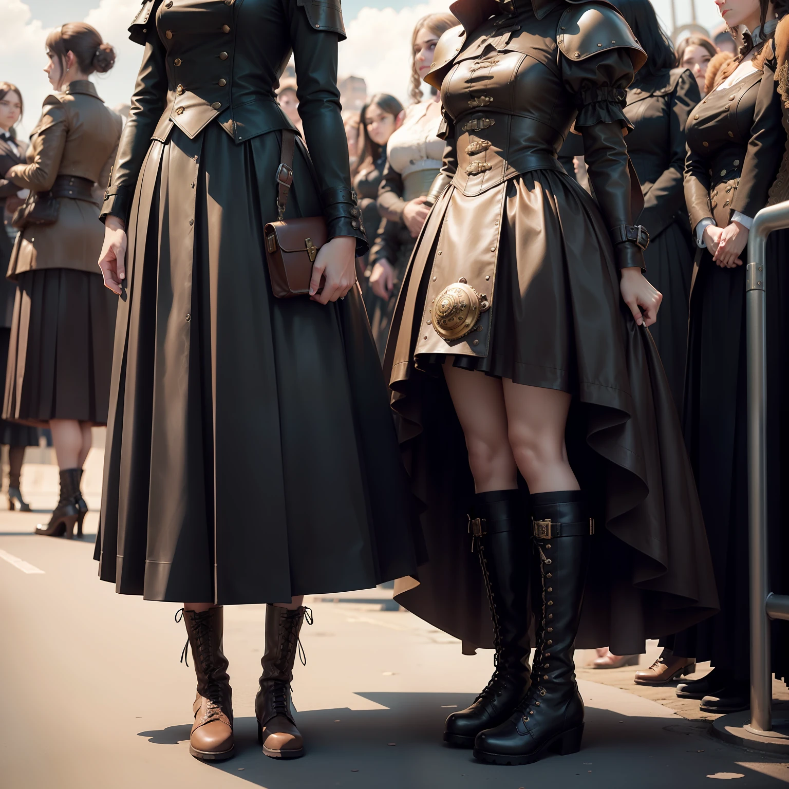 knee length leather box pleated full ball gown, steam punk combat boots, waiting in long line of women to the bathroom, pee herself, peeing herself, piss herself