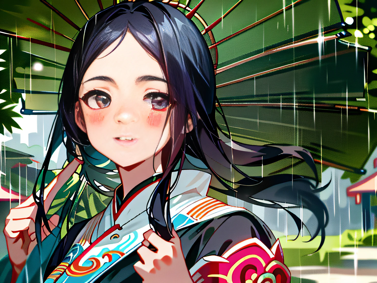 There is a woman taking a selfie in the rain, A young Asian woman,wenfei ye, south east asian with round face, with round face, 2 3 years old, young cute wan asian face, Chinese girl selfie