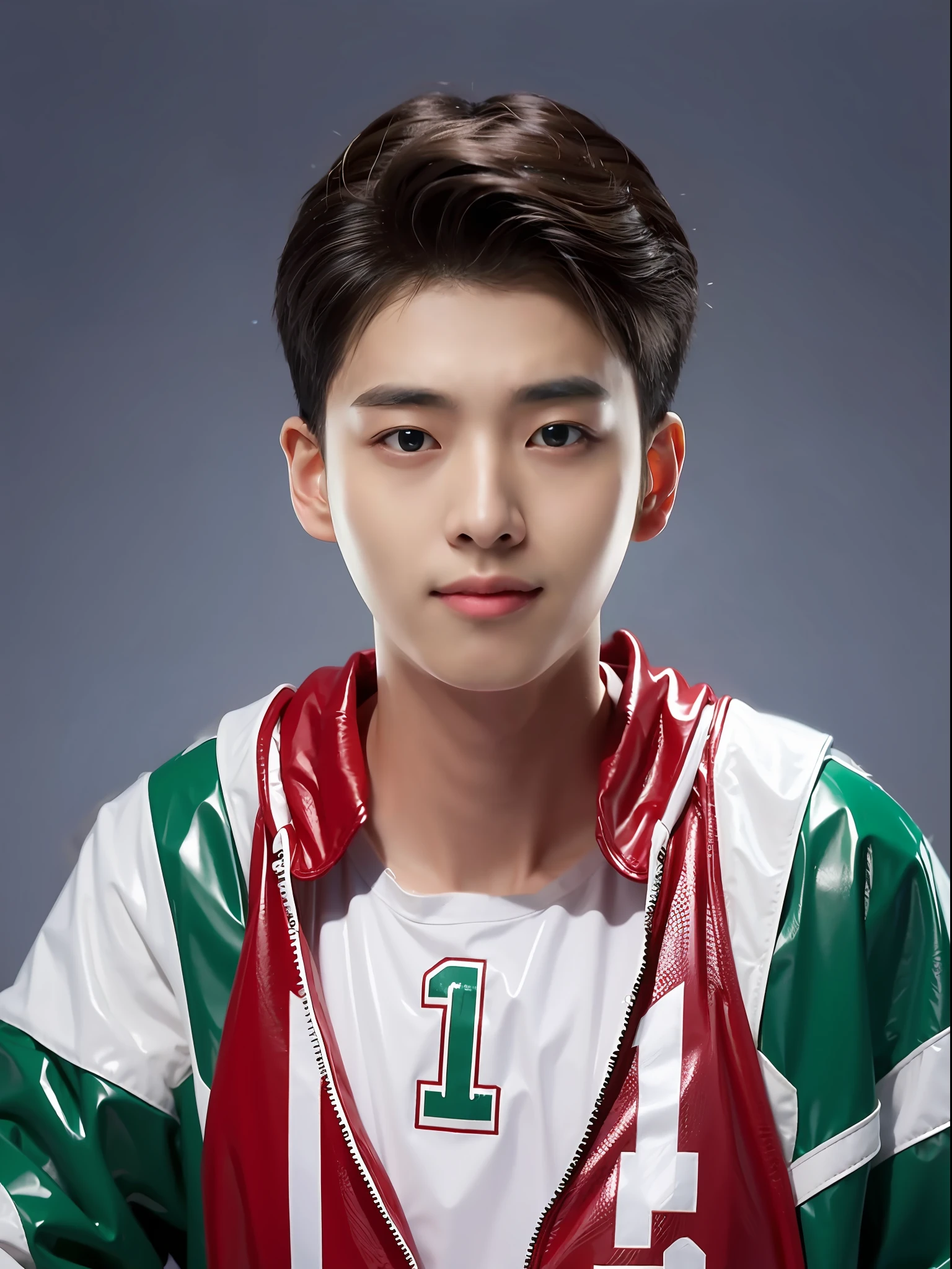 16-year-old male high school student,Wearing a PVC Lakers red basketball suit,Green in the middle