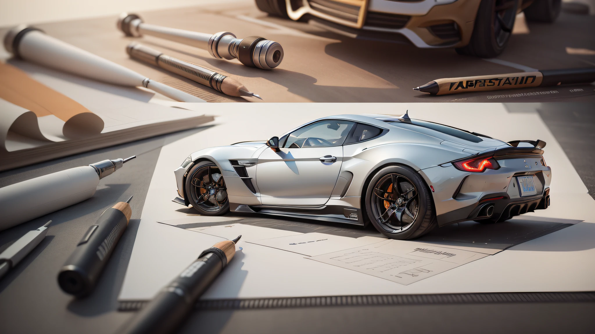 Arafed drawing of a sports car on a piece of paper, hyperrealistic sketch, arte do design automotivo, desenho fosco. master part, hyper realistic detailed rendering, Desenho detalhado em 4K, 3 d render hiper realista, estilo hiper realista, hyper realistic render, hyper realistic 3d rendering, hyper realistic render, hyperrealistic illustration, hyper realistic illustration, desenho fosco