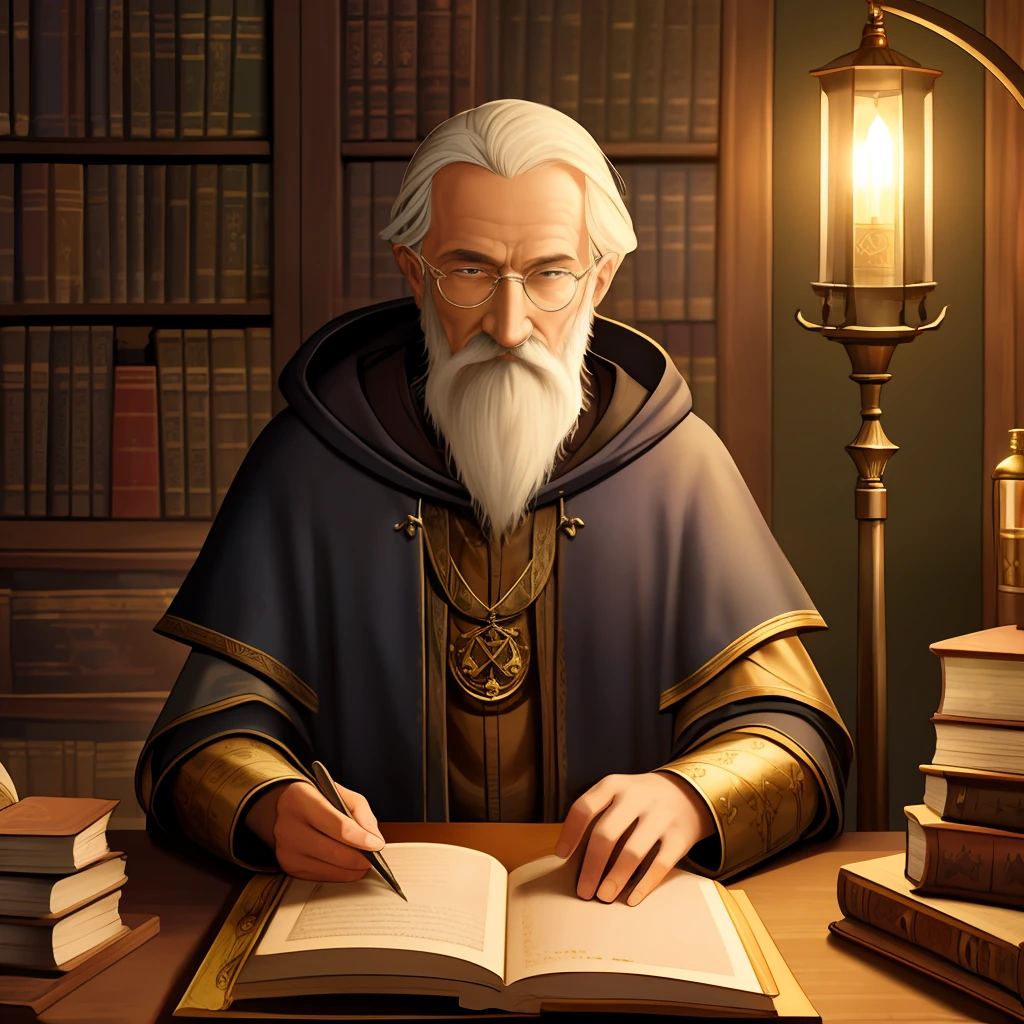 very old wizard, alchemy, looking at book, old medieval painting, smoke, lots of detail, cluttered room, lamp, dark room, detailed tunic, glowing pendant,