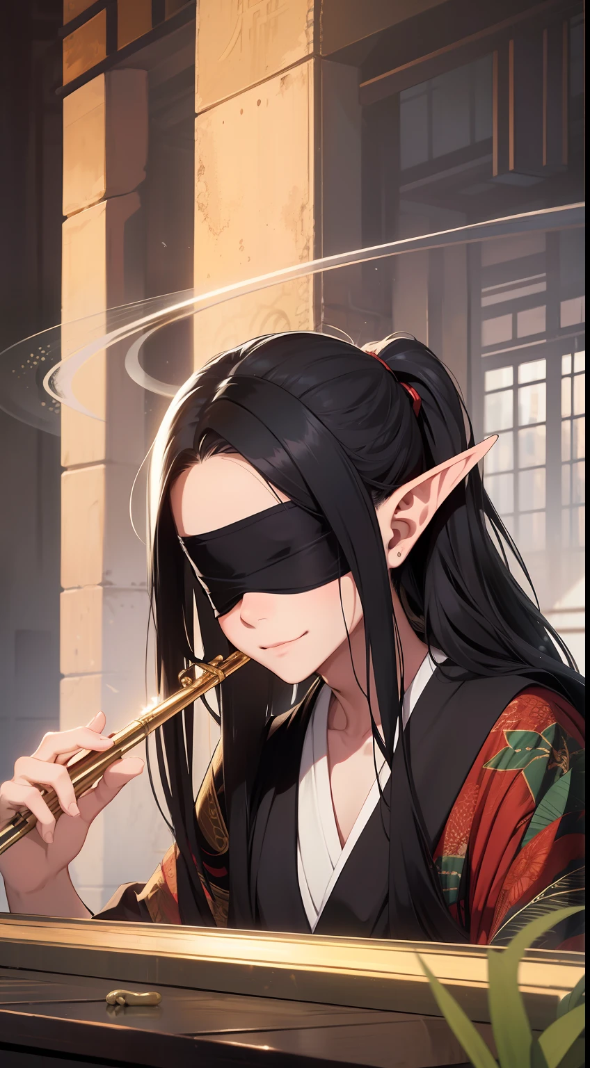 young boy, Long black hair, high ponytail, elf ears, covered eyes, blindfold, open kimono, open torso, flute, Snake, smirk, Masterpiece, hiquality
