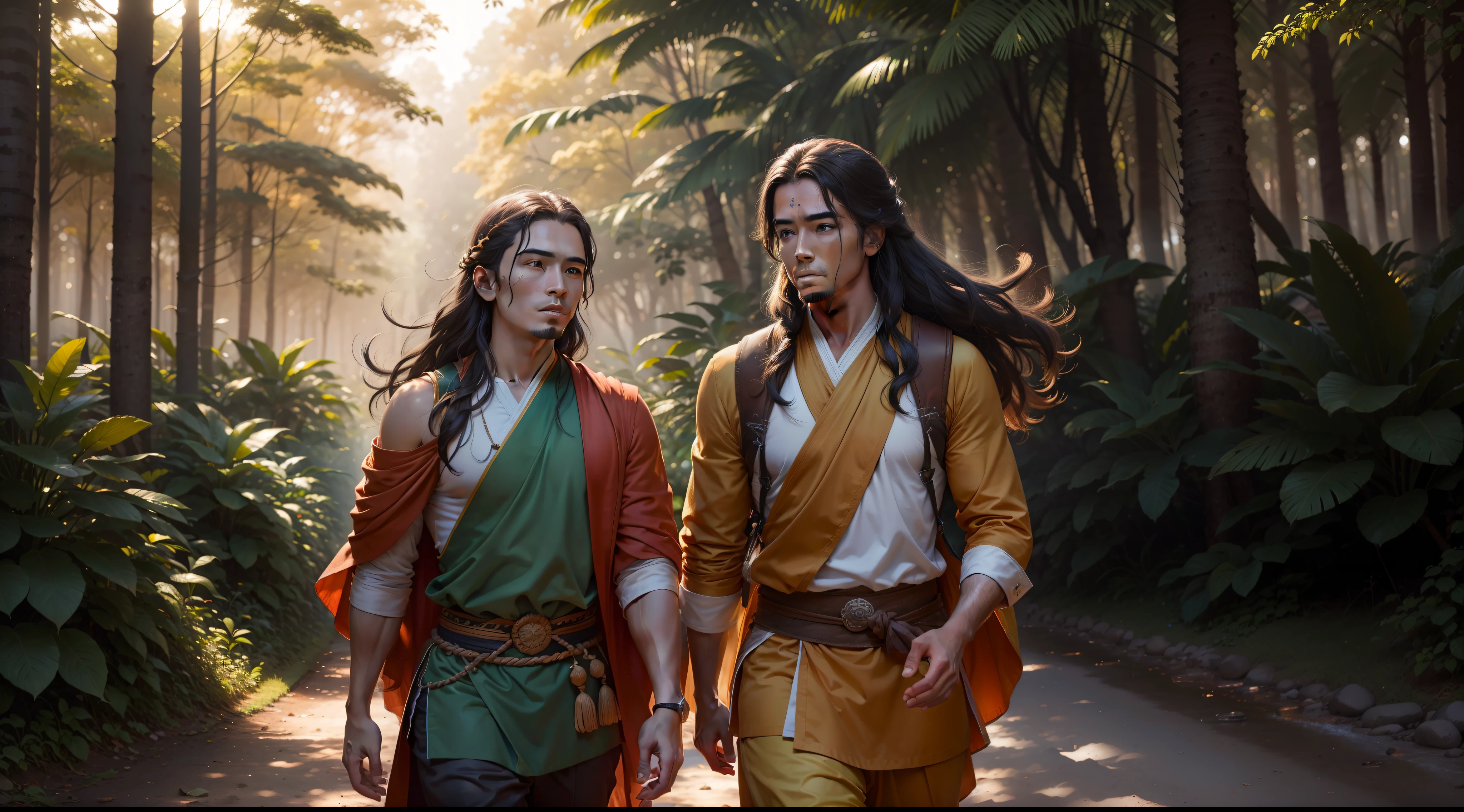 desenho, ultra realistic, 8k, extremamente detalhado, alta qualidade, imagem de luz natural, luz do dia, sunlight from the ground, imagem ultra realista, Realistic texture, extremamente detalhado, Realistic texture, alta qualidade, 2 Asian men 20s, rosto ultarealista detalhado, pele, poros, longos cabelos castanhos flutuando ao vento, wearing orange and green tunics Tibetan monk style, Caminhando no litoral, Lado a lado, em uma estrada de terra, nos arredores bela floresta colorida, at sunset, foto ultra realista, Detalhes perfeitos do rosto, boa textura da pele, sombras e luz perfeitas, Raio de sol penetrando na floresta