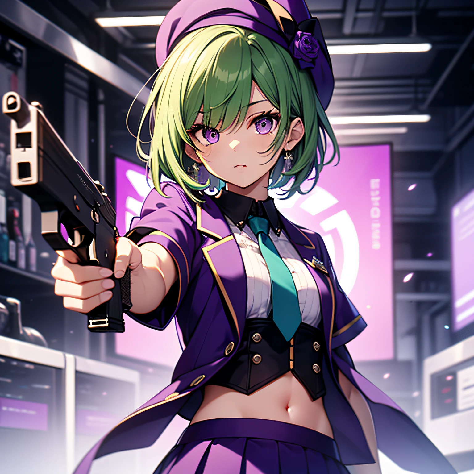 top-quality、extremely delicate and beautiful、(A age girl)、Purple Eye、Green hair、short-haired、(Purple pointy hat)、Purple tie、Soio、shortsleeves、Purple skirt、Navel,Tactical Vest、shortsleeves、Purple skirt、Holding a pistol in his right hand
