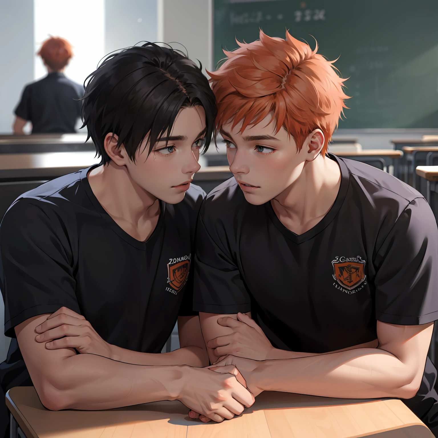 Two 15-year-old orange-haired teenage friends chatting at school share a secret that they're almost friends with siblings... (usar los mismo personajes)