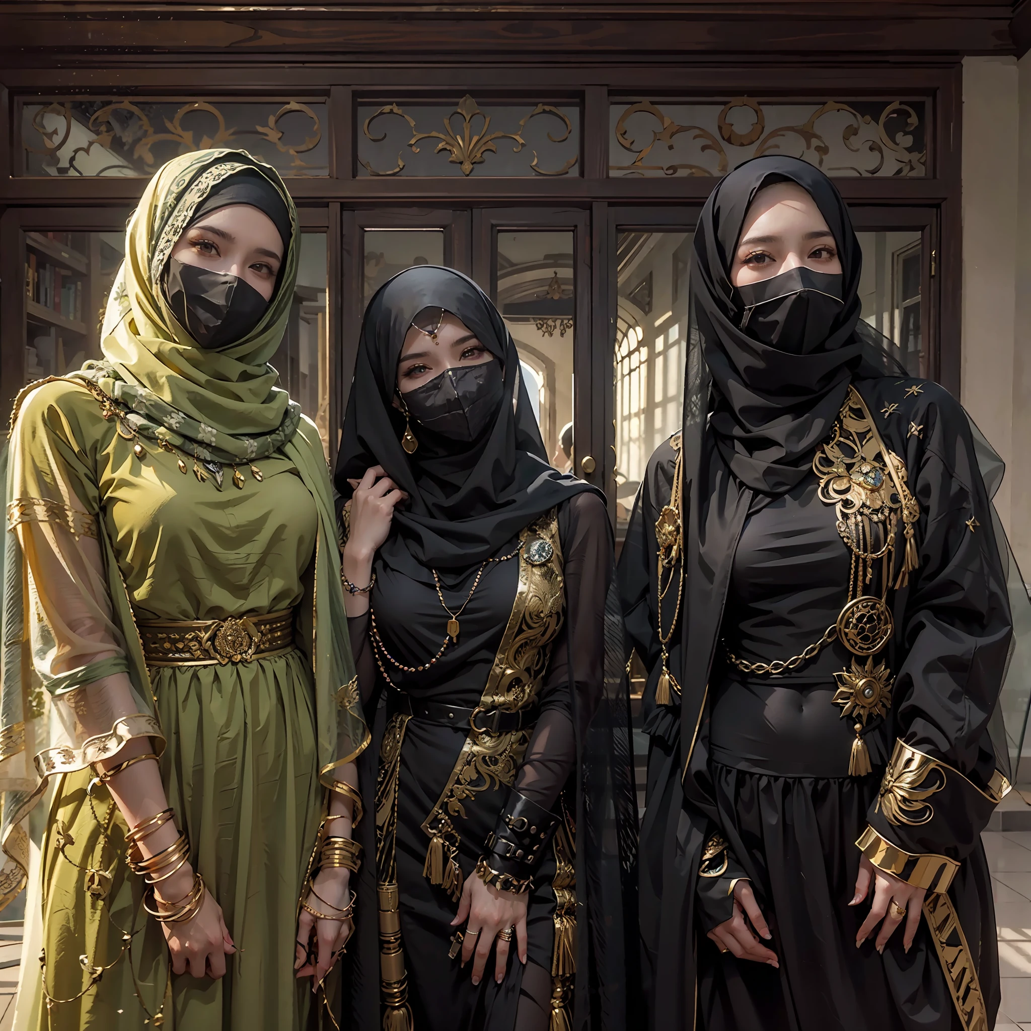 in a panoramic view,photorealestic,Full body like,Cyberpunk Style,3 Arab girls stand in a row,Stand in front of a luxury villa,Photo pose,Dressed in a gorgeous gold Arabian high-tech all-envelop burqa(Burqa),Wearing a gold high-tech bandana(hijabi sluty),Black high-tech veil(niqab)masked,Black mask masked,Mask mask,Only the eyes are exposed,High-tech equipment hangs on the body,High-tech golden luxury villa in front of the door,Sharp eyes,professinal,Meistwick,commissioned,best qualtiy,color corrected,After fixation,Retouching,Improvement,Epic,Tone-mapping,the detail, highly detailed, digitial painting, art stations, Conceptual map of the long dam, Smoothness, Sharp focus, Beautiful illustration, photore, The light from the back window is backlighted, 动态照明, Mist, 复杂, cinematic grain, professinal, face to the viewer,(Beautiful m3d_woman, Perfect M3D_face,), Volumetriclighting, subsurfacescattering, Good highlights, Good shadows,All masked, cinematic ligh