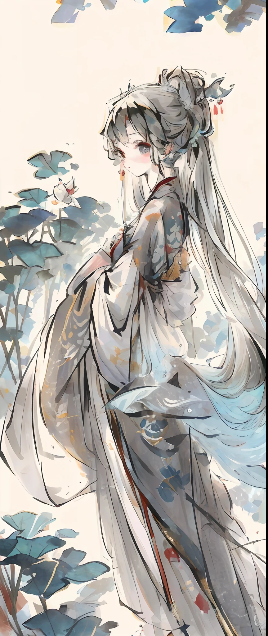 ((4k,masterpiece,best quality)), shuimobysim, Chinese painting, lotus, hanfu, maxiskit, dressed conservative 1 girl, solo, white hair, long hair, fox ears, white, bikini, fish, many fish close to the girl, looking at the audience, teasing