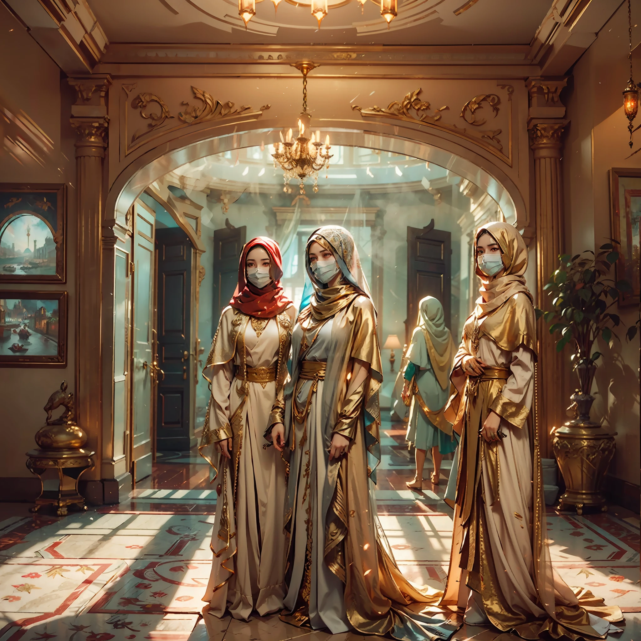 in a panoramic view,photorealestic,Full body like,Cyberpunk Style,3 Arab girls stand in a row,Stand in front of a luxury villa,Photo pose,Dressed in a gorgeous gold Arabian high-tech all-envelop burqa(Burqa),Wearing a gold high-tech bandana(hijabi sluty),Black high-tech veil(niqab)masked,Black mask masked,Mask mask,Only the eyes are exposed,High-tech equipment hangs on the body,High-tech golden luxury villa in front of the door,Sharp eyes,professinal,Meistwick,commissioned,best qualtiy,color corrected,After fixation,Retouching,Improvement,Epic,Tone-mapping,the detail, highly detailed, digitial painting, art stations, Conceptual map of the long dam, Smoothness, Sharp focus, Beautiful illustration, photore, The light from the back window is backlighted, 动态照明, Mist, 复杂, cinematic grain, professinal, face to the viewer,(Beautiful m3d_woman, Perfect M3D_face,), Volumetriclighting, subsurfacescattering, Good highlights, Good shadows,All masked, cinematic ligh
