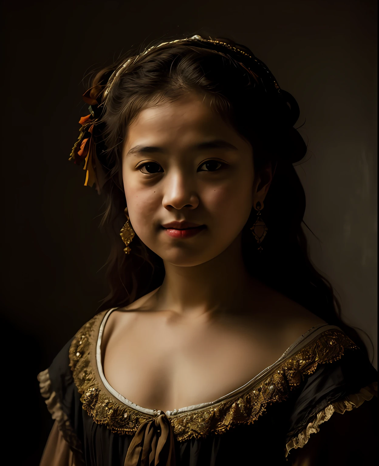 create realistic studio lighting
Rembrandt style, with one side of the face slightly darkened and the whole image without much light and with the background stained in the dark shimmering tone.
realistic style with nikon D810 70mm