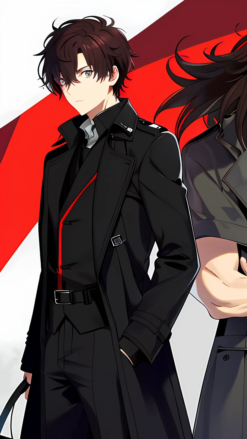 Boy,a black trench coat,Technologie,Red left eye,The right eye is blue,self-assured,sci-fy,brunette color hair,full bodyesbian,sci-fy,