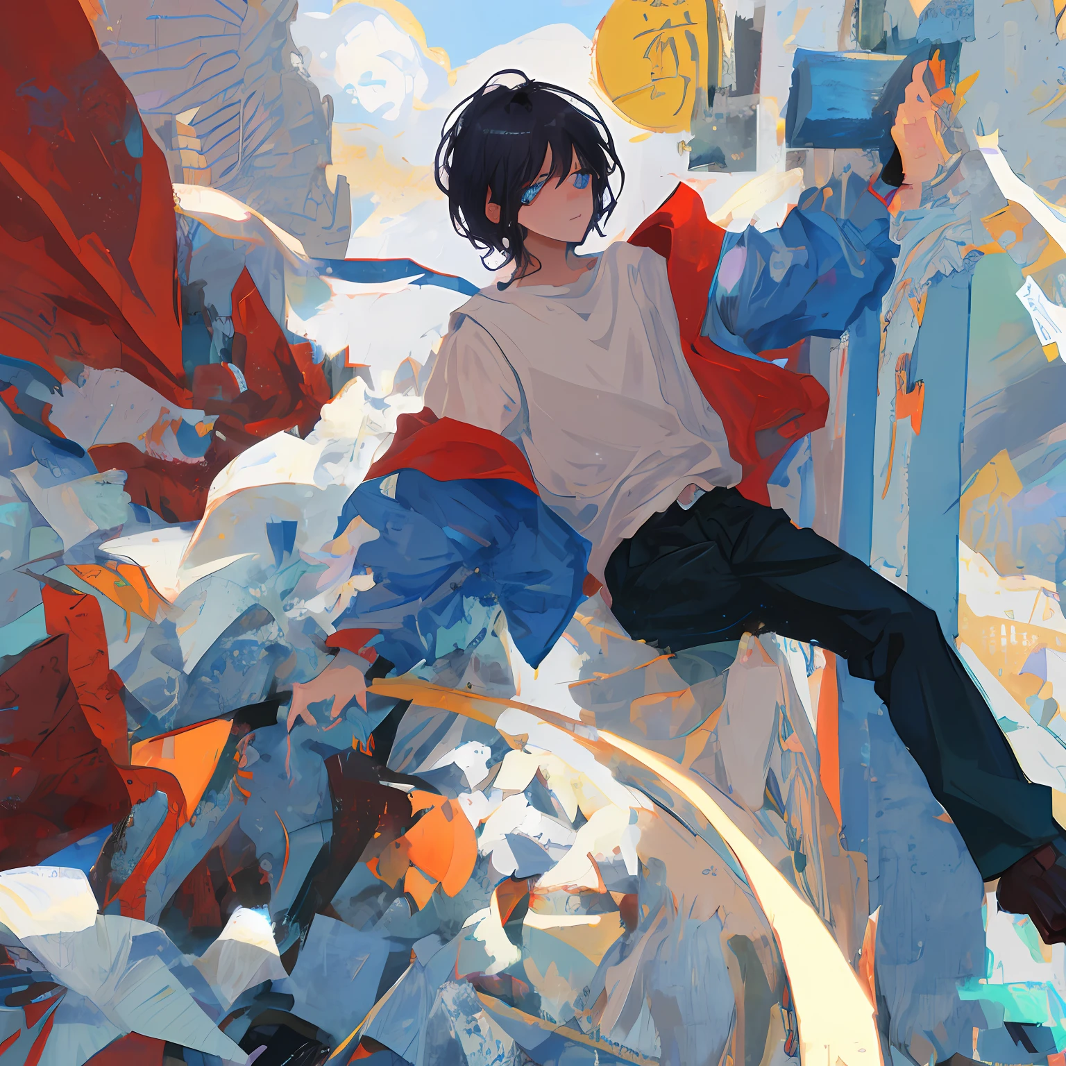 Anime boy black hair blue eyes swordsman