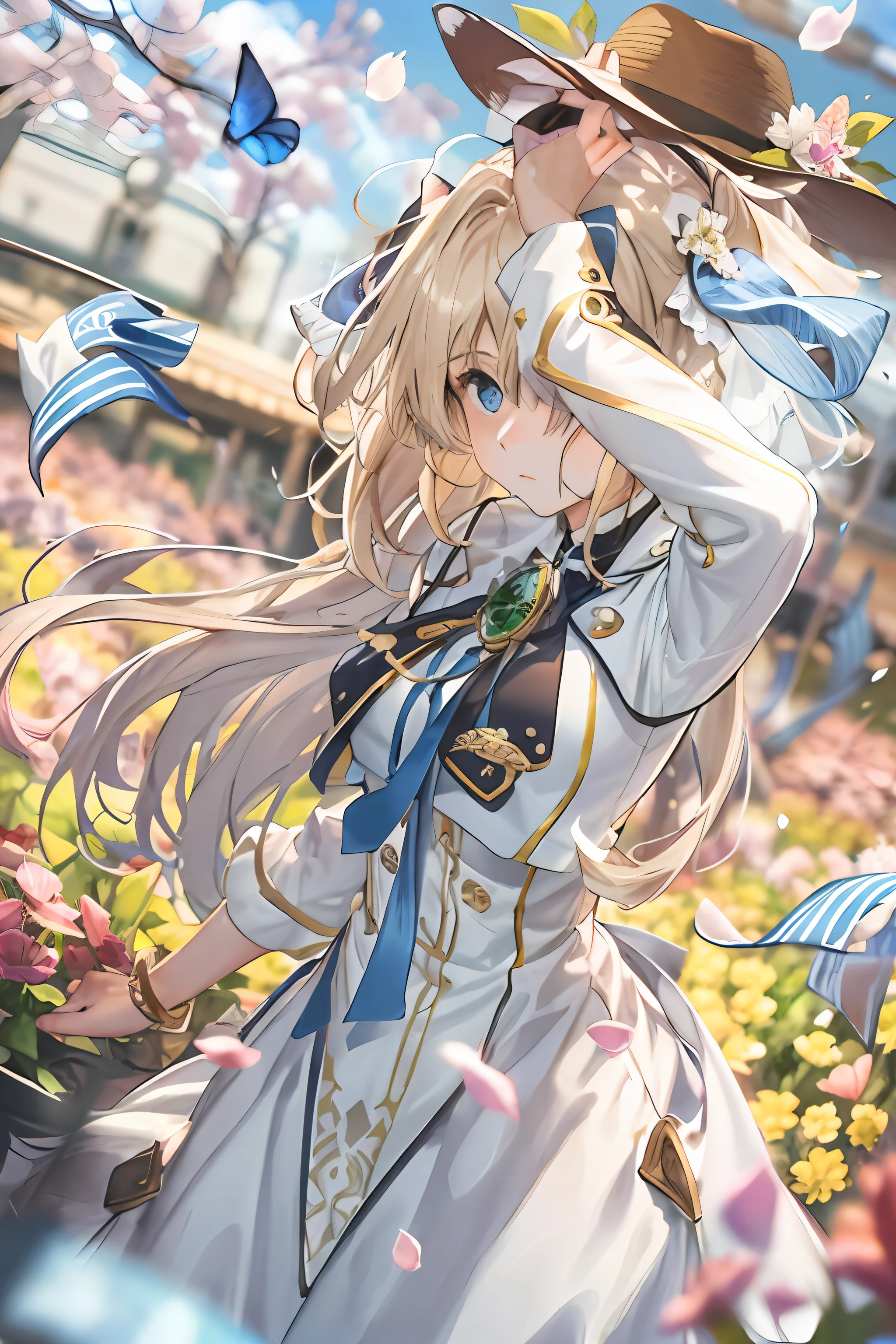 (Dynamic Angle: 1.3), Wind, Movie Highlight, Tyndall Effect, 1 Girl, Upper Body, Arms Up, Look at the Audience, Extreme Close Up, violet_evergarden, Solo, Jewelry, Expressionless, Brooch, blonde_hair, ( Vevry Long Hair: 1.2), messy_hair, Floating hairlong_sleeves, Ribbon, blue_eyes, Jacket, Dress, Gemstone, hair_ ribbon, sky, depth_of_field, flower fields, fluttering petals