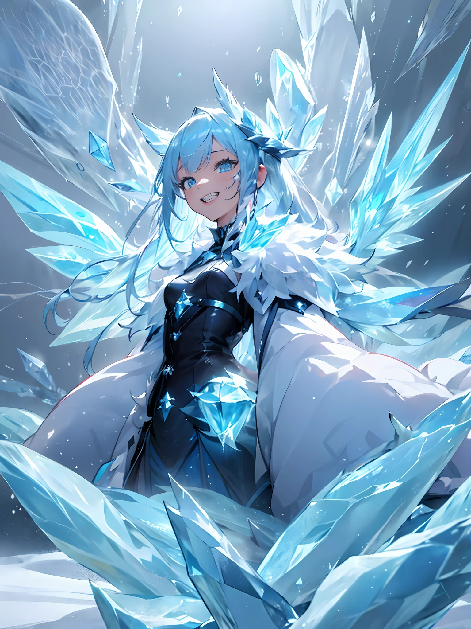 (1girl in, Solo:1.4), masutepiece, Best Quality, ultra-detailliert, hight resolution, the Extremely Detailed CG Unity 8K Wallpapers, Perfect Lighting, Very detailed background, Beautiful and aesthetic,fantasy illustrations,(ice effect:2), (Anime Art:1.5), (portfolio:1.3), Girl Standing on a Vast Snowy Field、lightblue hair、Longhaire、Long bangs、Crystal clear beautiful hair、small tits、Fur coat, Jagged teeth、Tooth bare and smile、Lifelike face、real looking skin、Large amount of ice、Wings of Ice、(snow blowing:1.5)、ice crystal、high-level image quality、zoomout,