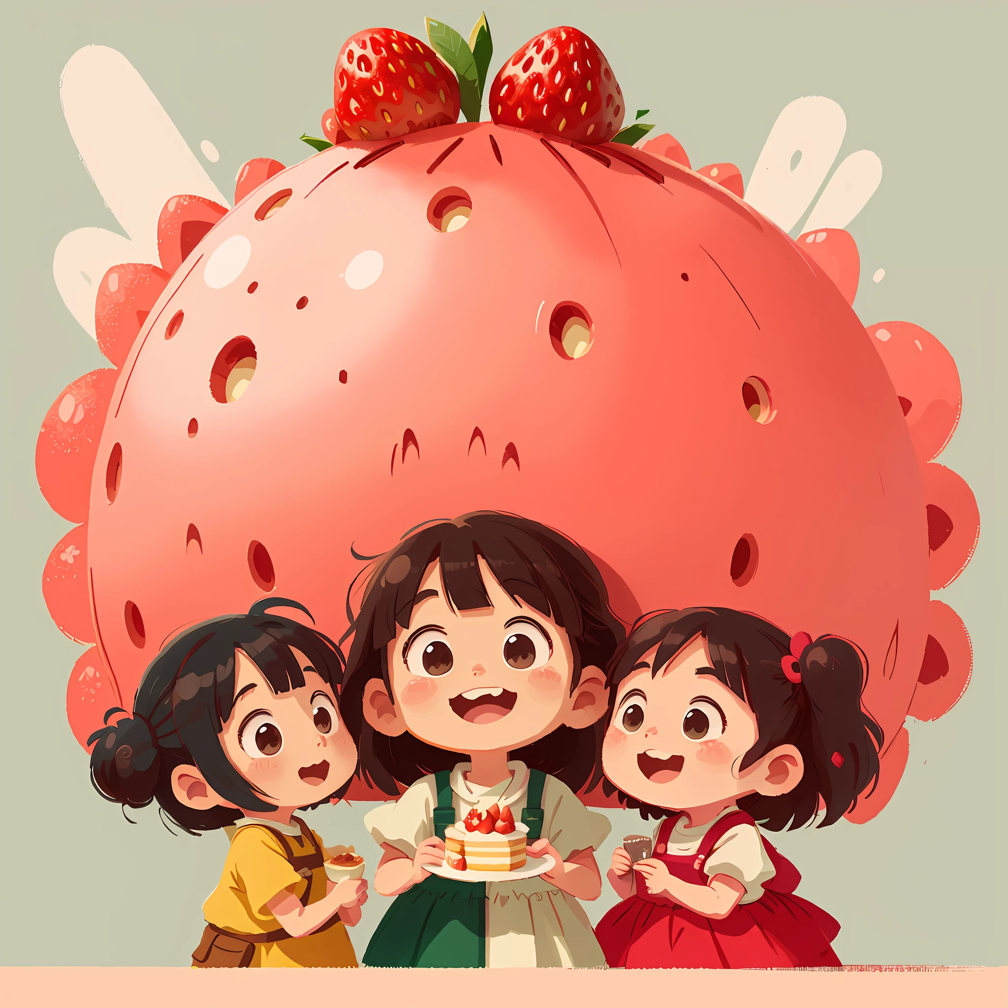 Just the background,Solid Backgroud,Geometry associated with cakes。The color is smooth。Simple art。In Studio Ghibli style。Strawberry character style。