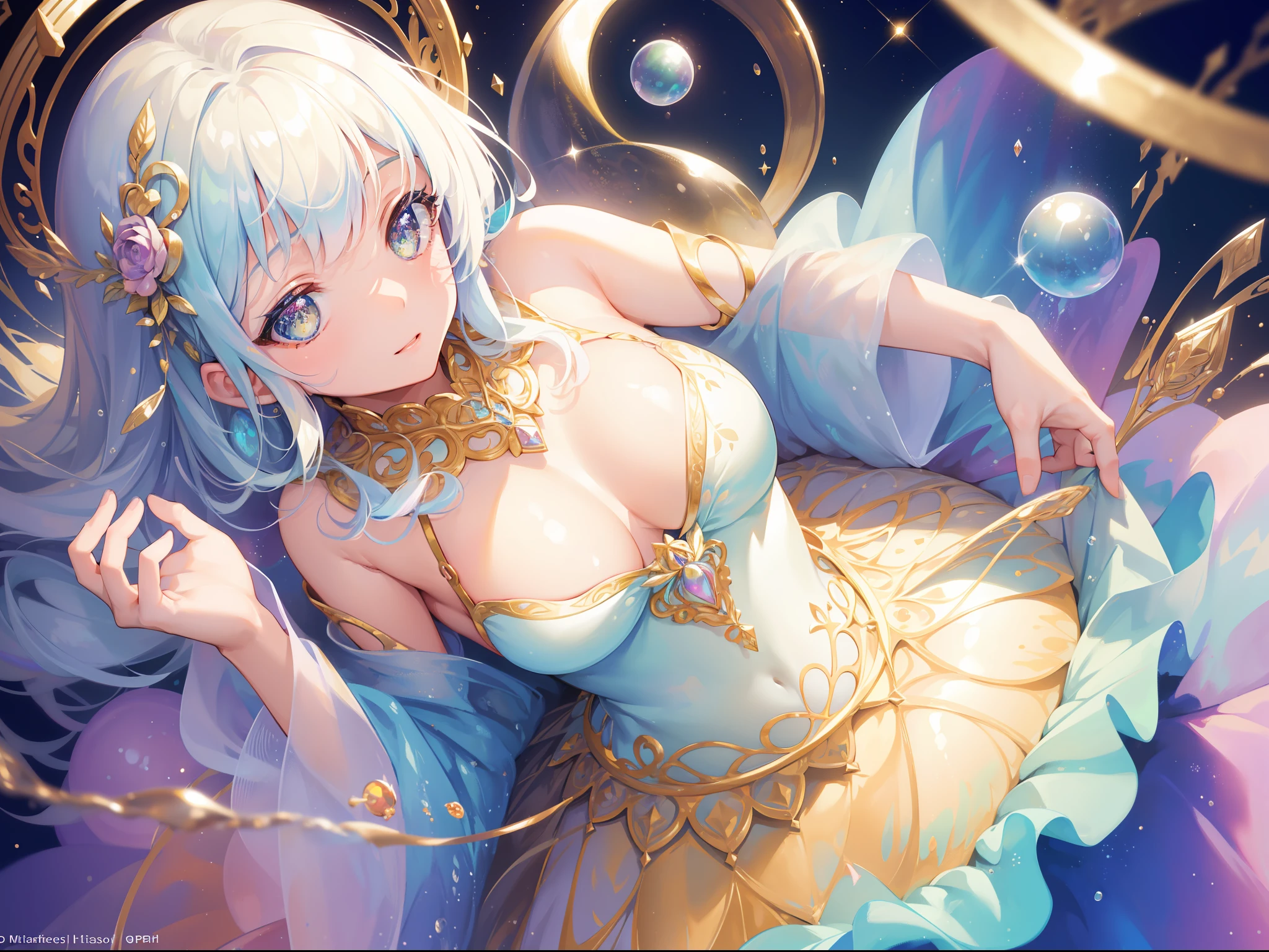 masterpiece, best quality, 8k resolution, sharp focus, intricate detail, beautiful girl, sparkling eyes, golden ratio face, otherworldly liquid, watercolor, ((pastel colors)), bright colors, whimsical, colorful, sharp focus, high resolution, fine detail, ((layered ballgown)), iridescent bubbles