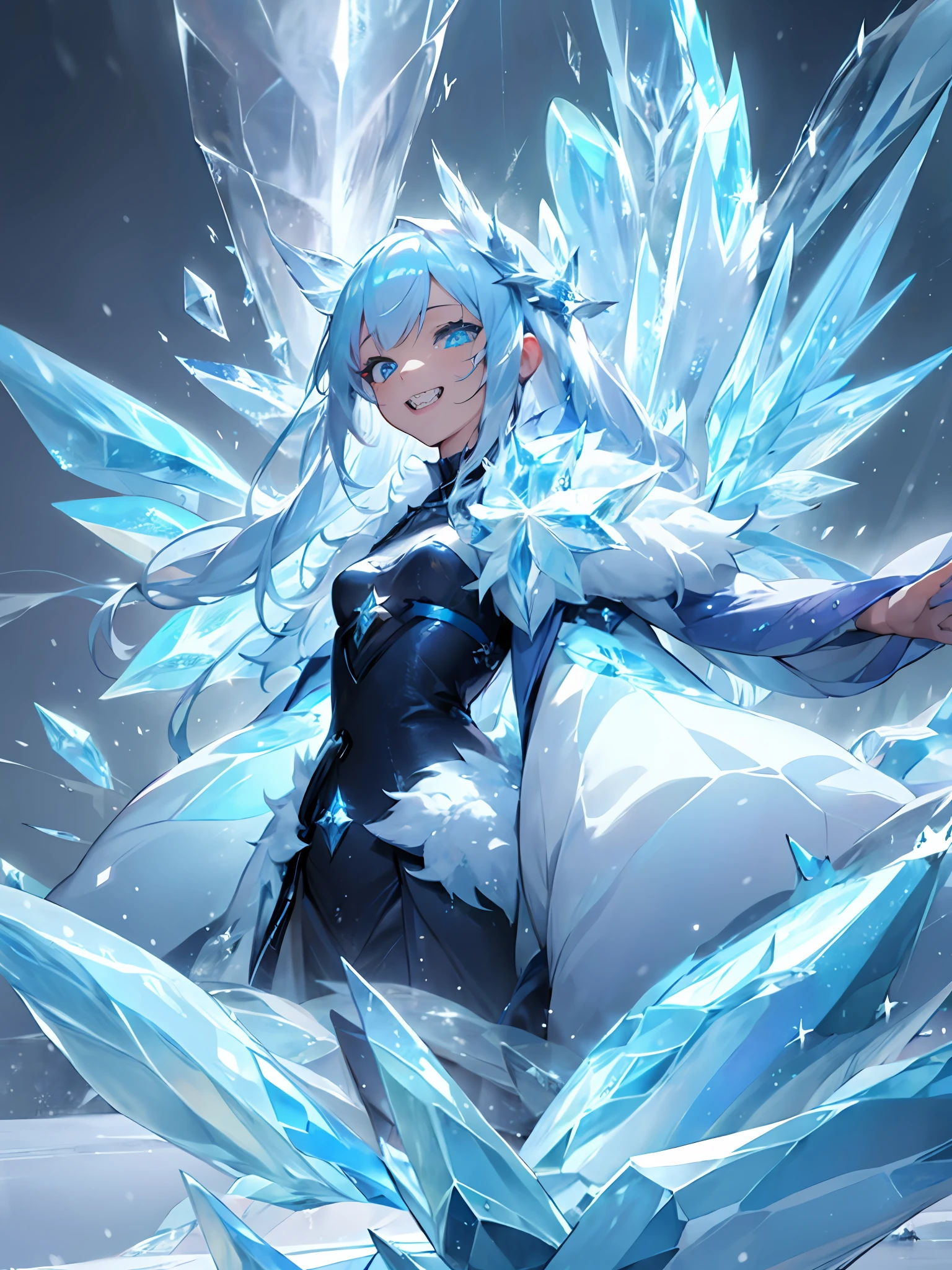 (1girl in, Solo:1.4), masutepiece, Best Quality, ultra-detailliert, hight resolution, the Extremely Detailed CG Unity 8K Wallpapers, Perfect Lighting, Very detailed background, Beautiful and aesthetic,fantasy illustrations,(ice effect:2),  (Anime Art:1.5), (portfolio:1.3), Girl Standing on a Vast Snowy Field、lightblue hair、Longhaire、Long bangs、Crystal clear beautiful hair、small tits、Fur coat, Jagged teeth、Tooth bare and smile、Lifelike face、real looking skin、Large amount of ice、Wings of Ice、(snow blowing:1.5)、ice crystal、high-level image quality、zoomout,