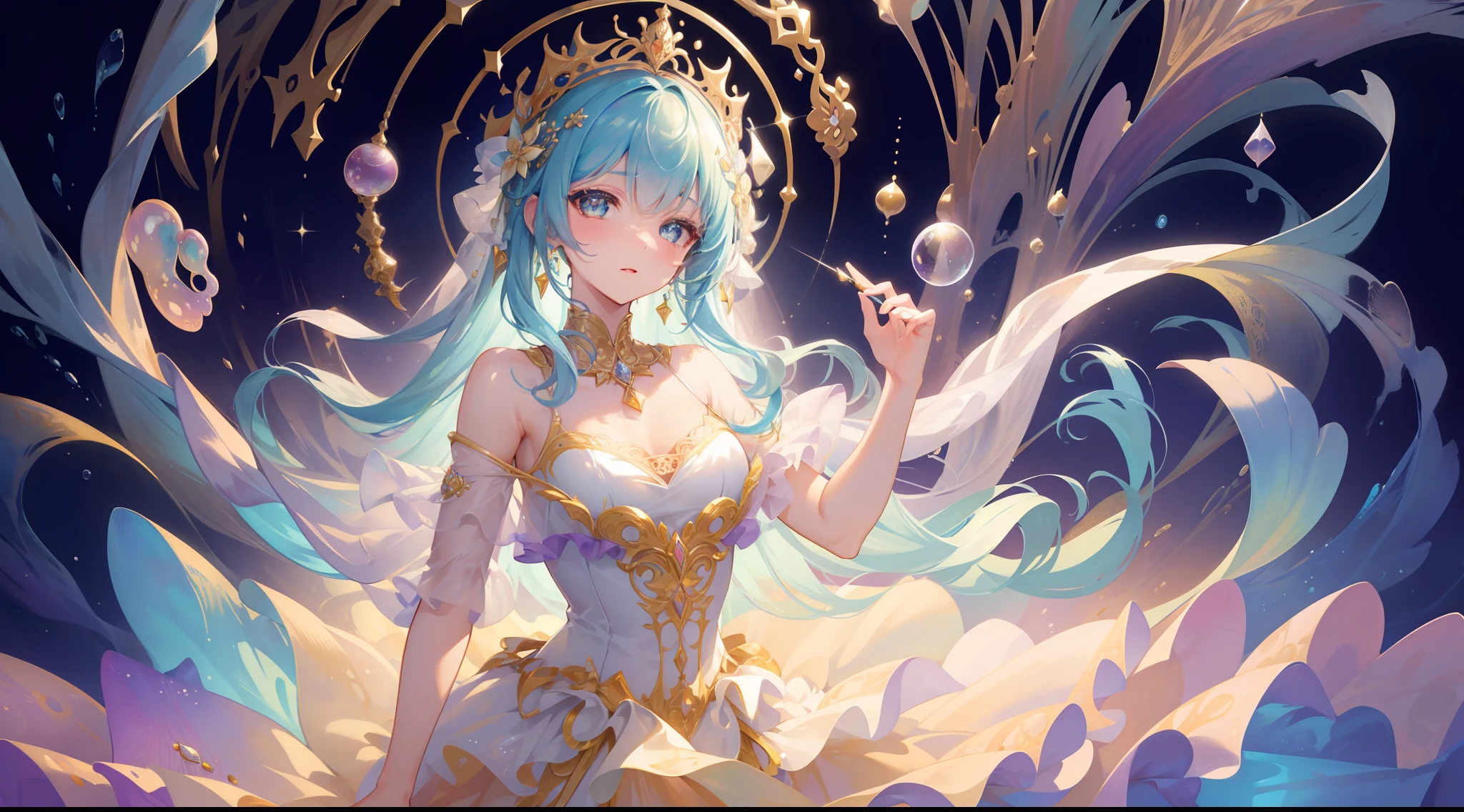 masterpiece, best quality, 8k resolution, sharp focus, intricate detail, beautiful girl, sparkling eyes, golden ratio face, otherworldly liquid, watercolor, ((pastel colors)), bright colors, whimsical, colorful, sharp focus, high resolution, fine detail, ((layered ballgown)), iridescent bubbles