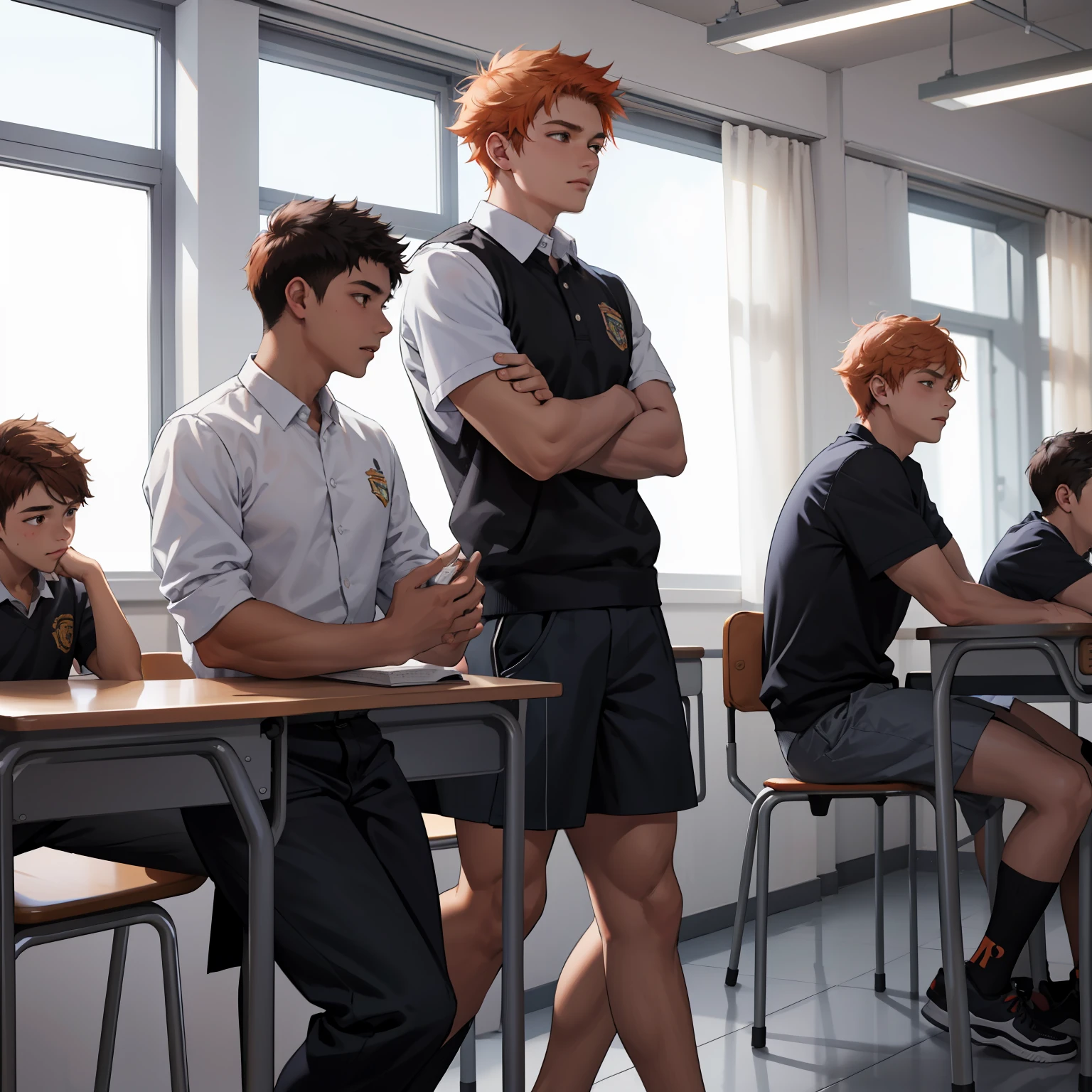 15-year-old male adolescents with brown Latin skin and orange hair, estan en la escuela hablan preocupados sobre algo importante
